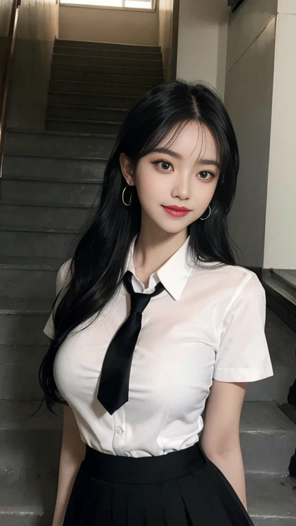 +indoor, office,best quality, ultra high res, (photorealistic:1.4), 1girl, black office suit, white shirt, (red lips), (Kpop idol), (aegyo sal:1), ((black long hair:1.2)),  looking at viewer, charming, ((office suit)), sitting in an office chair,