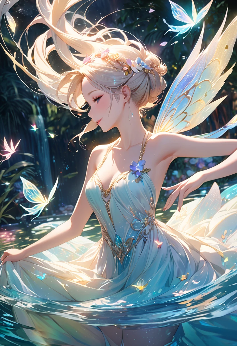 In this whimsical scene, a captivating young woman sits amid a picturesque garden, surrounded by vibrant flowers and butterflies. With her long, flowing blonde hair gently brushing against her shoulders and mesmerizing red eyes glittering like precious gems, she exudes an aura of enchantment. Clad in a delightful watercolor dress adorned with delicate patterns, her radiant smile fills the air with joy and positivity. The soft sunlight casts a painterly glow, enhancing the magical ambiance of this serene moment, beautifully sketched and evoking a sense of wonder.