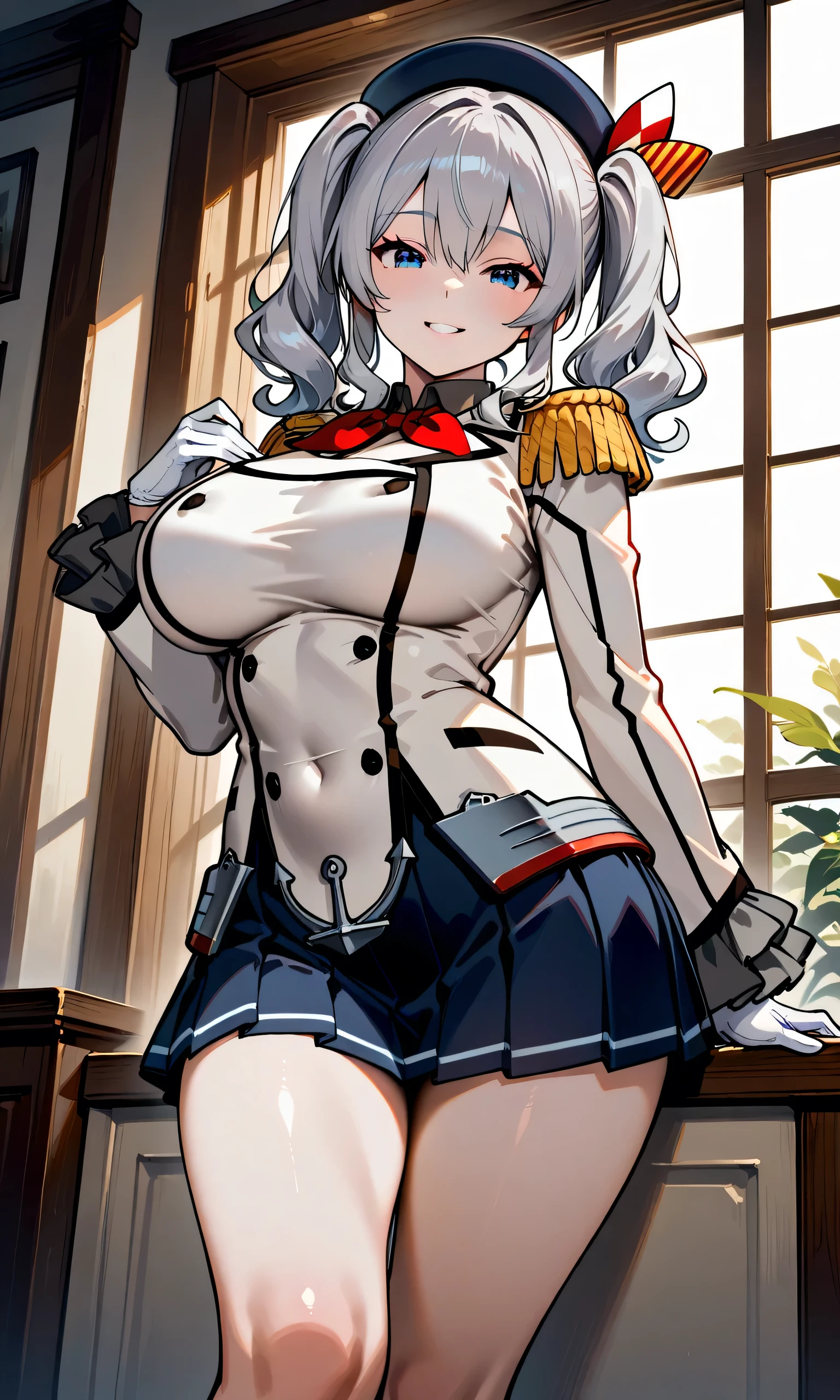 (Masterpiece, Best Quality: 1.2), 1 soldier Woman, Tall, Silver hair, spiked Hair, short Ponytail, Hair Between Eyes, Expressionless, Standing,  Half Closed eyes, Large Build, medium breast, Field Uniform,  (skirt lift:1.5), gray panties, Simple Background, (Cowboy Shot:1.5)