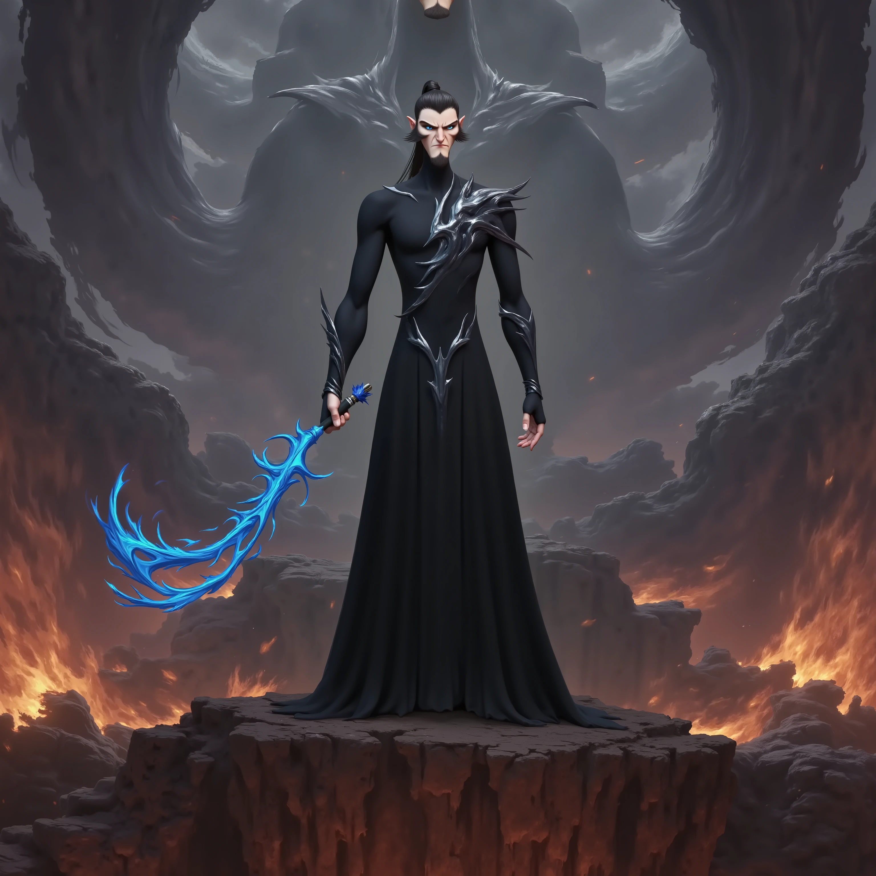 ( masterpiece, top quality:1.2), Game anime characters, alone,beard, Black Robe ,slim。Holding a blue whip in his hand。Kung Fu Action ,flame,cliff,Ominous clouds,Grand scene,Large game scene