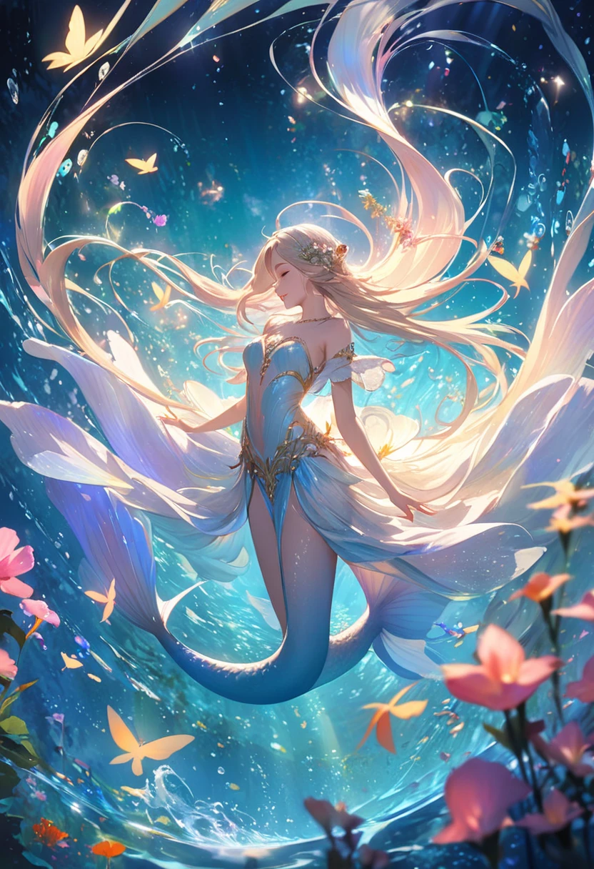 A beautiful flowing mermaid,Iridescent Scales and long,Flowing Hair. She is sitting on a rock by the sea under the moonlight,surrounded by Calm waves and sparkling Sea creatures.,(style: Classic Fantasy, Realistic),(detailed: Long Hair, Iridescent Scales, moonlight, Sea creatures, Calm waves),(Anatomically correct),Highest quality,wonderful品質,16K,Unbelievably absurd,非常にdetailed,Fine and beautiful eyes,Smooth and beautiful skin,Beautiful hair with shiny details,Carefully draw down to the smallest detail,Complex gradation like watercolor painting,Colorful,wonderful色のバランス,Happy dreams,Zentangle Elements,rendering,Cast colorful spells,((Glitter)),Hologram processing,wonderful,Magical Effects,Arranging light particles,Carefully draw the face line,Natural Makeup,Charm,Perfect Proportions