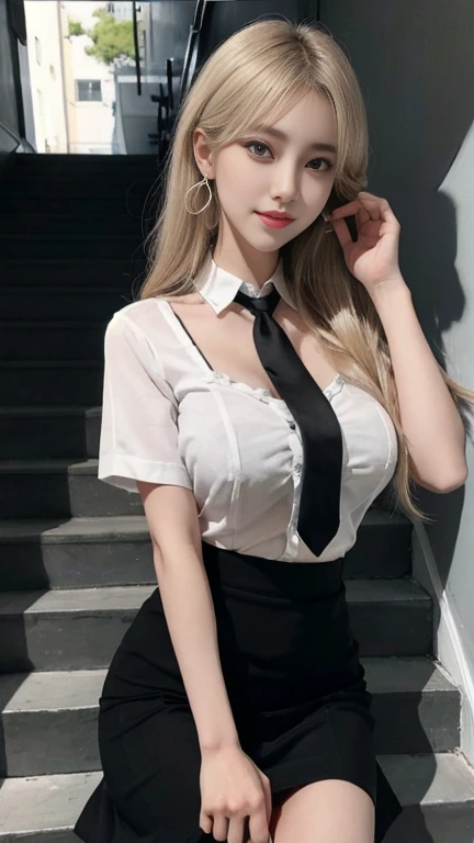 Browsing Caution, masterpiece, (highest quality:1.2), (Sharp focus:1.2),, 1 girl, Slim girl,, (blonde|Light_Yellow Hair), Cat ear,, Detailed face, young|Cute Face, blush, Wicked Smile,, Natural Breasts, Thin arms,, White collared shirt and black tie, Black choker,, In a modern office, indoor