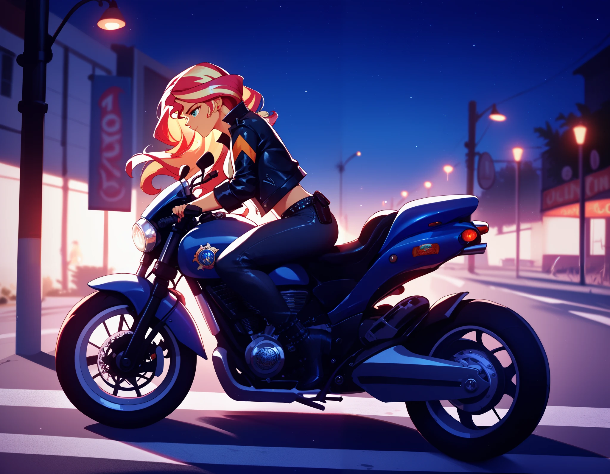 roxy,orange hair,blue eyes,long hair,white crop top,single elbow glove,collar,short red shorts,
peaked cap,
upper body,looking at viewer
driving a motocicle,night,neon lights,streets,
(insanely detailed, masterpiece, best quality),solo,