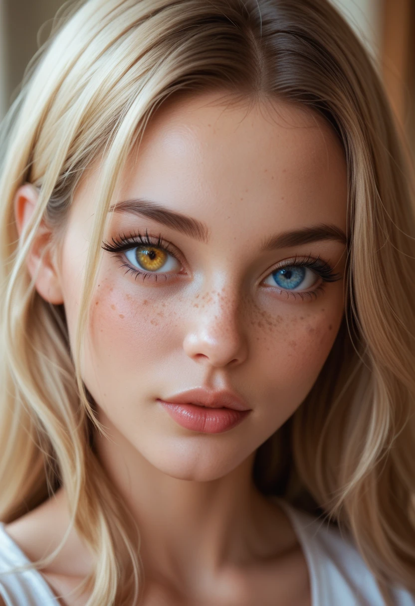 spot_color, eye_focus, purple_eyes, yellow_eyes, 1girl, looking_at_viewer, solo, lips, , heterochromia, closed_mouth, , eyelashes, split_theme, portrait, , , bangs, black_hair, long_hair, freckles,