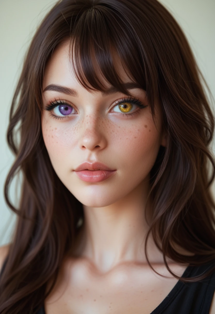 spot_color, eye_focus, purple_eyes, yellow_eyes, 1girl, looking_at_viewer, solo, lips, , heterochromia, closed_mouth, , eyelashes, split_theme, portrait, , , bangs, black_hair, long_hair, freckles,