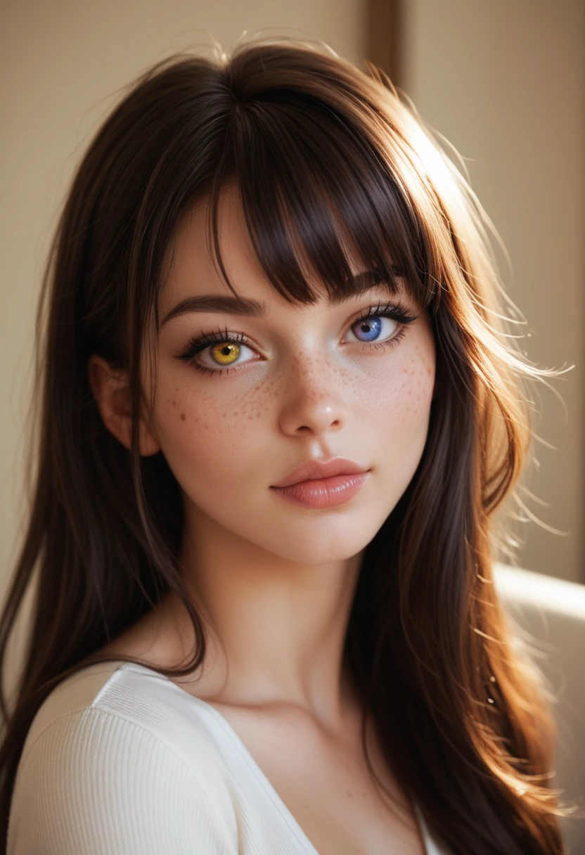 spot_color, eye_focus, purple_eyes, yellow_eyes, 1girl, looking_at_viewer, solo, lips, , heterochromia, closed_mouth, , eyelashes, split_theme, portrait, , , bangs, black_hair, long_hair, freckles,