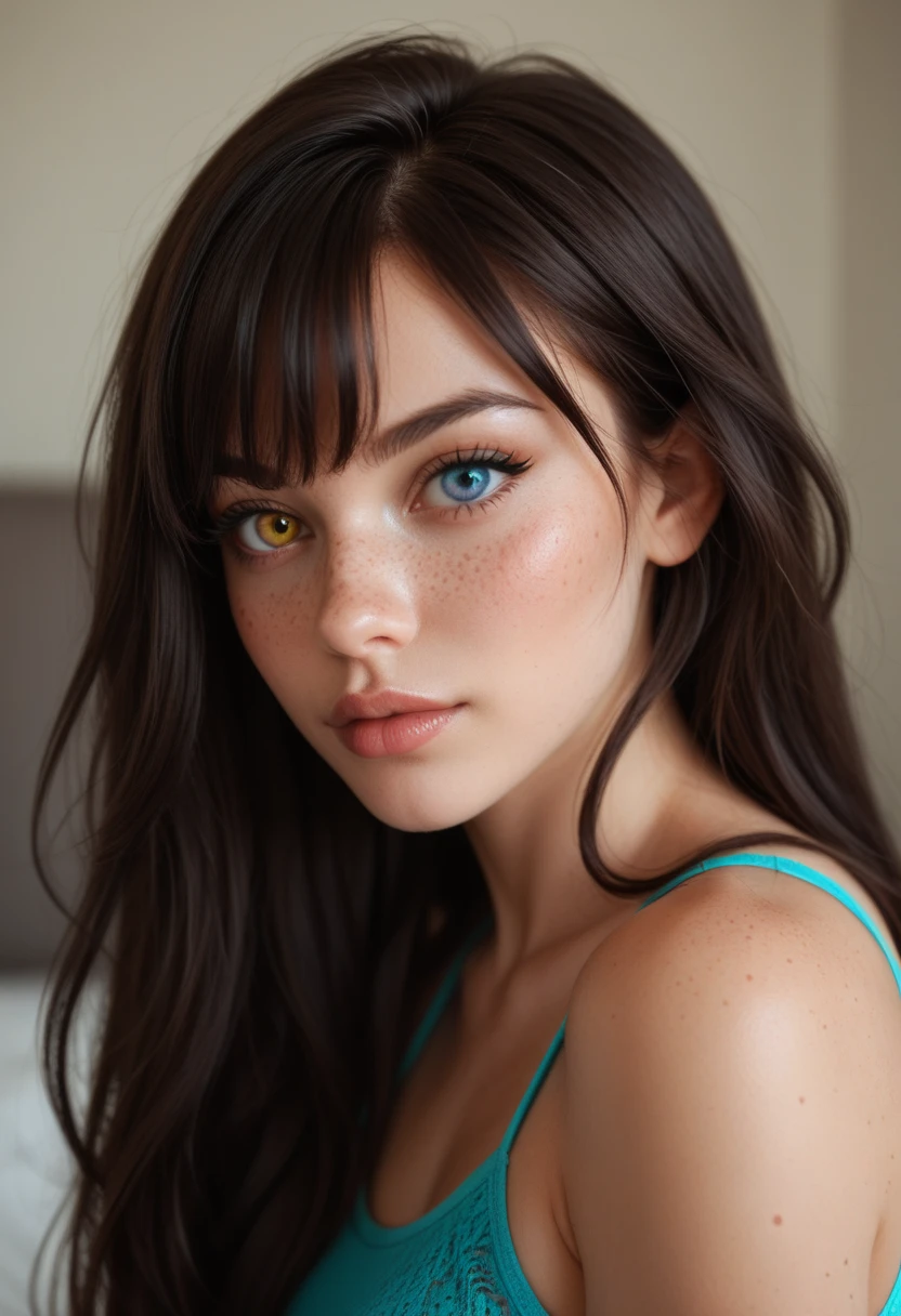 spot_color, eye_focus, purple_eyes, yellow_eyes, 1girl, looking_at_viewer, solo, lips, , heterochromia, closed_mouth, , eyelashes, split_theme, portrait, , , bangs, black_hair, long_hair, freckles,