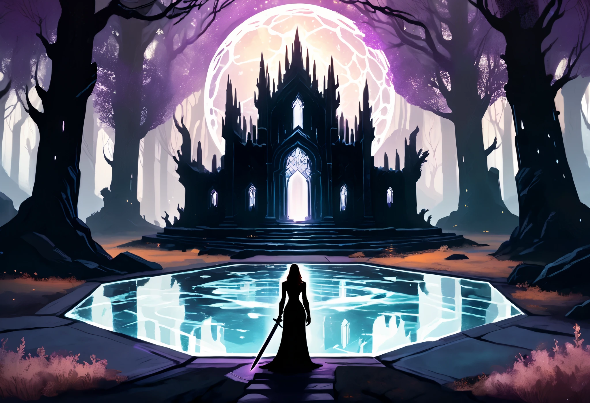 I encounter in the clearing of an ancient forest , in which the light of dusk filters through the branches and caresses an interrupted pool of crystalline water , so immovable and perfect like the one emanating from a forgotten mirror . In the center of the pond is an ancient stone altar , polished over the centuries and marked by the inexorable passage of time . On it rests a sword chained : your sword , forged in ice , shines with an icy glow that seems to defy the warmth of the environment , while its handle , made of violet crystal , mystical flashes that mesmerize the sight . that floats on the altar , suspended in an ethereal dream , stands a translucent hexagonal prison . Inside this almost dreamlike structure , lies in a reclining position . With her body lying delicately , her eyes and hair , of a penetrating ice blue , radiate an enigmatic calm . The creature seems immersed in a state of contemplation , as if immemorial secrets were kept or waiting for the moment of an awakening . The environment is charged with a deep silence , by the soft murmur of the water and the flickering of the fireflies that dance in the Darkness , that projects subtle flashes on the scene . Each element , The icy sword , the violet handle , , the solitary altar and the hexagonal prison that guards the being , are intertwined in a visual story of mystery and magic ., suspended in time , inviting you to discover a story of forgotten legends and unexplored destinations .