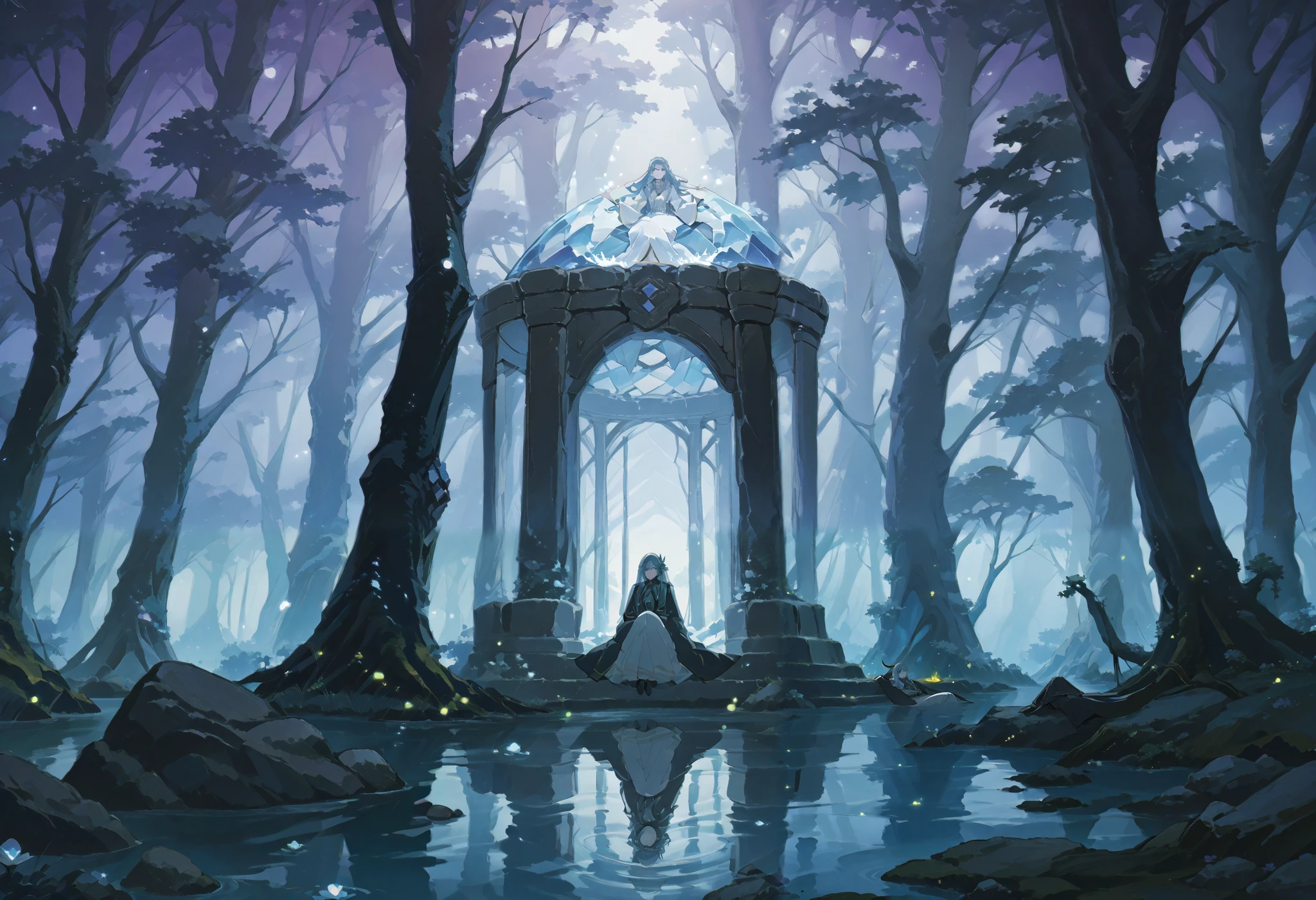 I encounter in the clearing of an ancient forest , in which the light of dusk filters through the branches and caresses an interrupted pool of crystalline water , so immovable and perfect like the one emanating from a forgotten mirror . In the center of the pond is an ancient stone altar , polished over the centuries and marked by the inexorable passage of time . On it rests a sword chained : your sword , forged in ice , shines with an icy glow that seems to defy the warmth of the environment , while its handle , made of violet crystal , mystical flashes that mesmerize the sight . that floats on the altar , suspended in an ethereal dream , stands a translucent hexagonal prison . Inside this almost dreamlike structure , lies in a reclining position . With her body lying delicately , her eyes and hair , of a penetrating ice blue , radiate an enigmatic calm . The creature seems immersed in a state of contemplation , as if immemorial secrets were kept or waiting for the moment of an awakening . The environment is charged with a deep silence , by the soft murmur of the water and the flickering of the fireflies that dance in the Darkness , that projects subtle flashes on the scene . Each element , The icy sword , the violet handle , , the solitary altar and the hexagonal prison that guards the being , are intertwined in a visual story of mystery and magic ., suspended in time , inviting you to discover a story of forgotten legends and unexplored destinations .