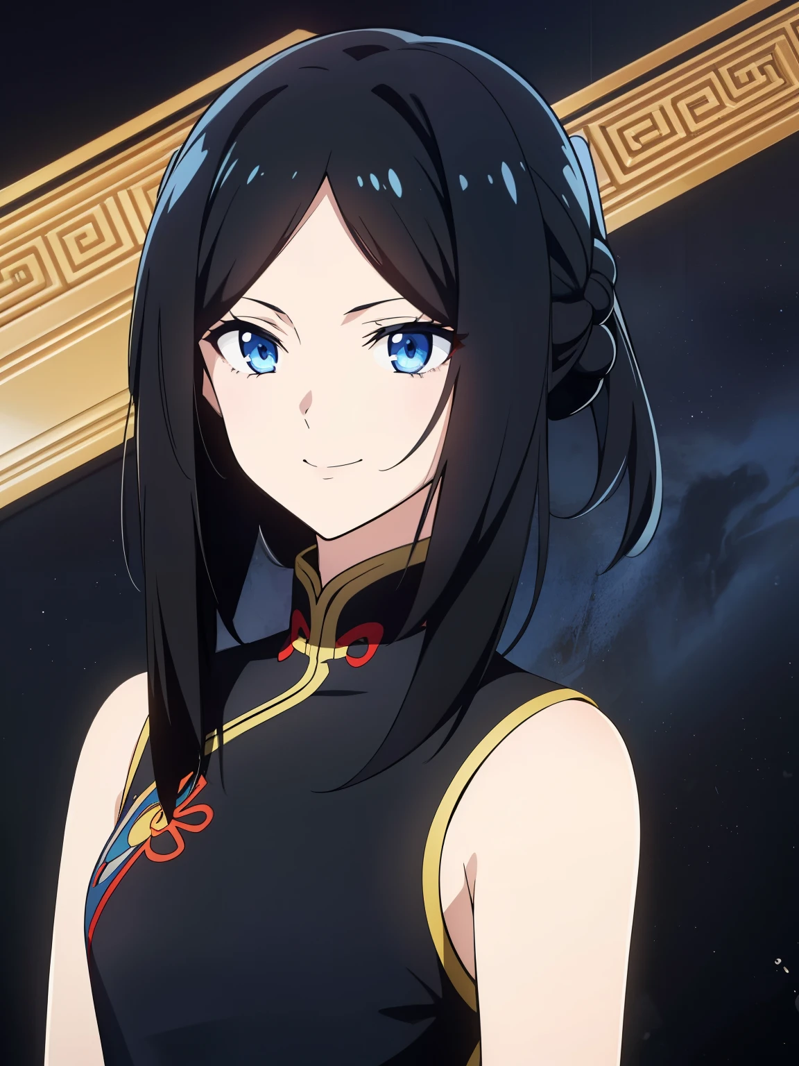 (high-quality, breathtaking),(expressive eyes, perfect face) 1girl, female, solo, black hair, medium hair length, blue eyes, cute smile, positive expresion, Gundam artstyle, black background, portrait, symmetrical eyes, chinese clothes, sleeveless, Embroidered dress, Long Qipao Dress, china dress, hair accessory, pin,