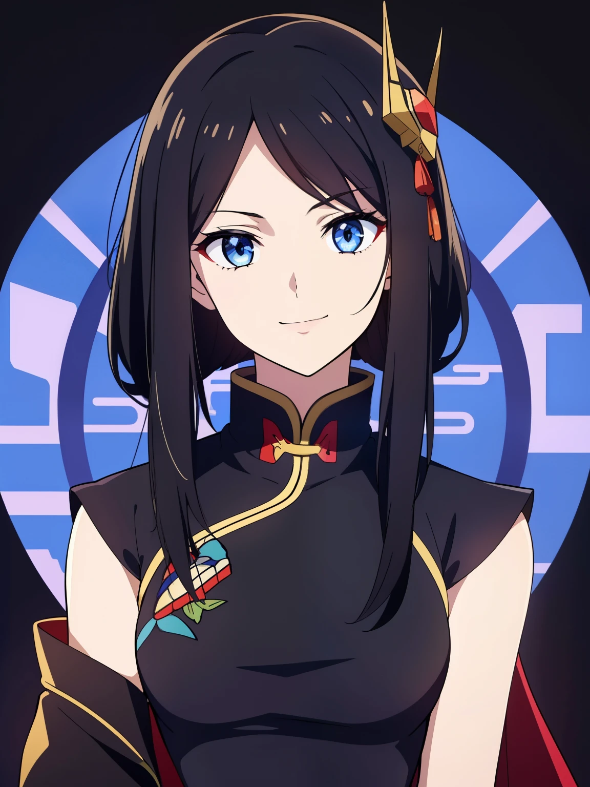 (high-quality, breathtaking),(expressive eyes, perfect face) 1girl, female, solo, black hair, medium hair length, blue eyes, cute smile, positive expresion, Gundam artstyle, black background, portrait, symmetrical eyes, chinese clothes, sleeveless, Embroidered dress, Long Qipao Dress, china dress, hair accessory, pin,