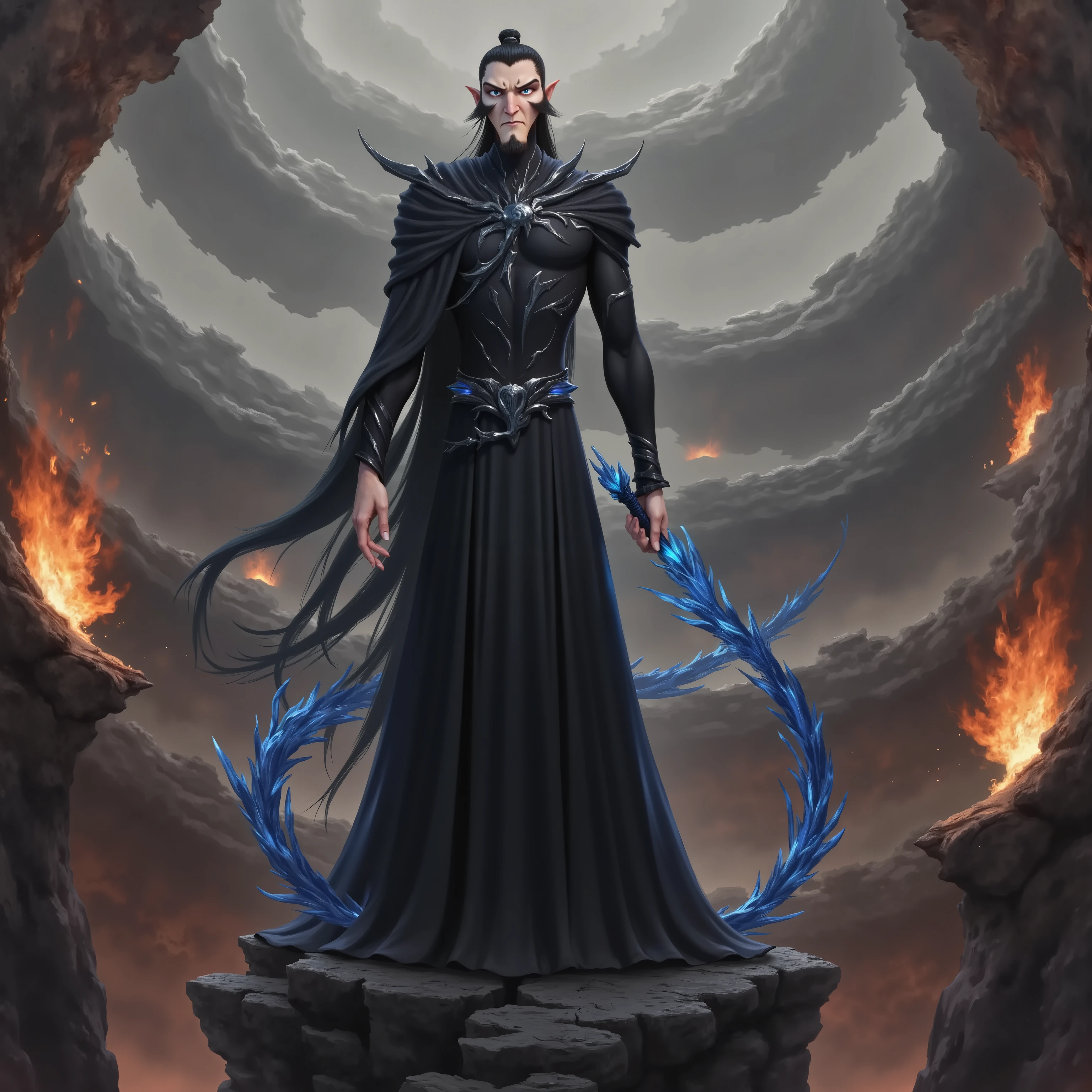 ( masterpiece, top quality:1.2), Game anime characters, alone,beard, Black Robe ,slim。Holding a blue whip in his hand。Kung Fu Action ,flame,cliff,Ominous clouds,Grand scene,Large game scene
