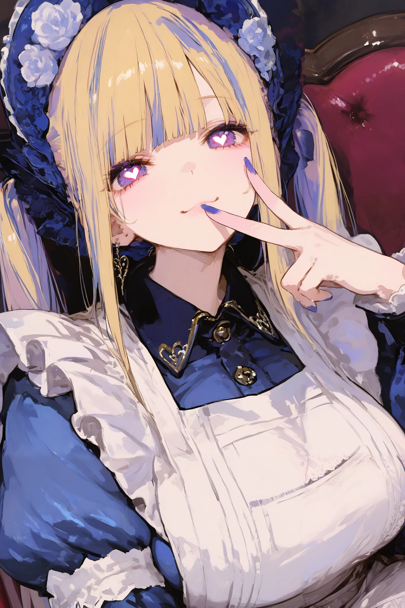top quality , Masterpiece, 748cm style , in the seat, Heart face mark , v overeye , nail polish , are watching viewers, Heart in Your Eyes, purple eyes , Purple Claws , closed her mouth , Golden Hair , , upper body, smile, maid apron , maid headdress, Collared dress, white apron , twin tails , blunt bangs, , Blue Dress, earrings, bonnet, has colorful hair sitting, blue nails, side lock, Viewers are watching viewers when they are holding a blue headcover , raise your hand , fingertip 、 Big Breasts