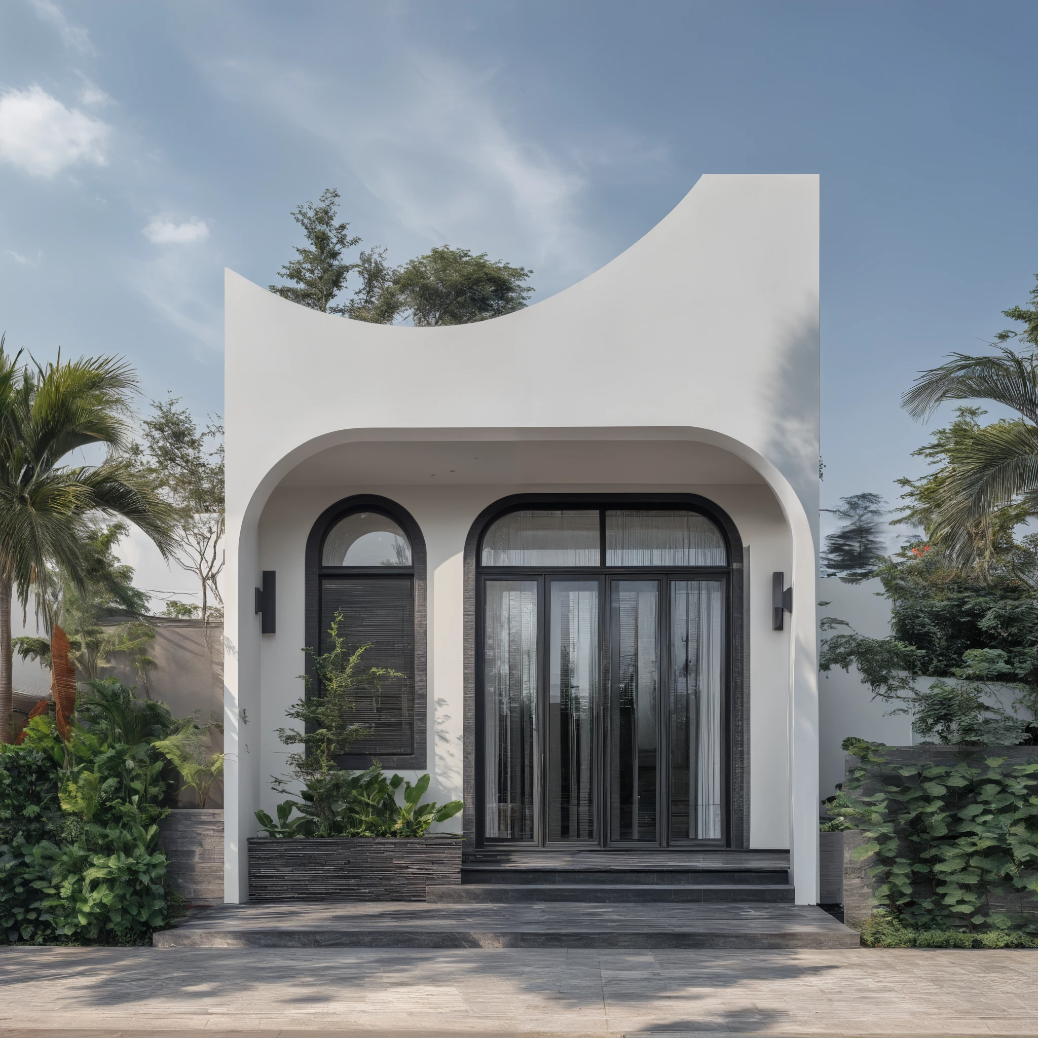 (masterpiece:1.2), best quality, photo of A two-story modern house with white walls and dark tiles on the roof, tree and plant, streetcapes, natural light, The exterior of an elegant single family home features large windows, a dark gray door frame.