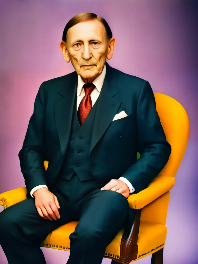 An old man in a scary suit with a white beard sitting on a chair in a dark room