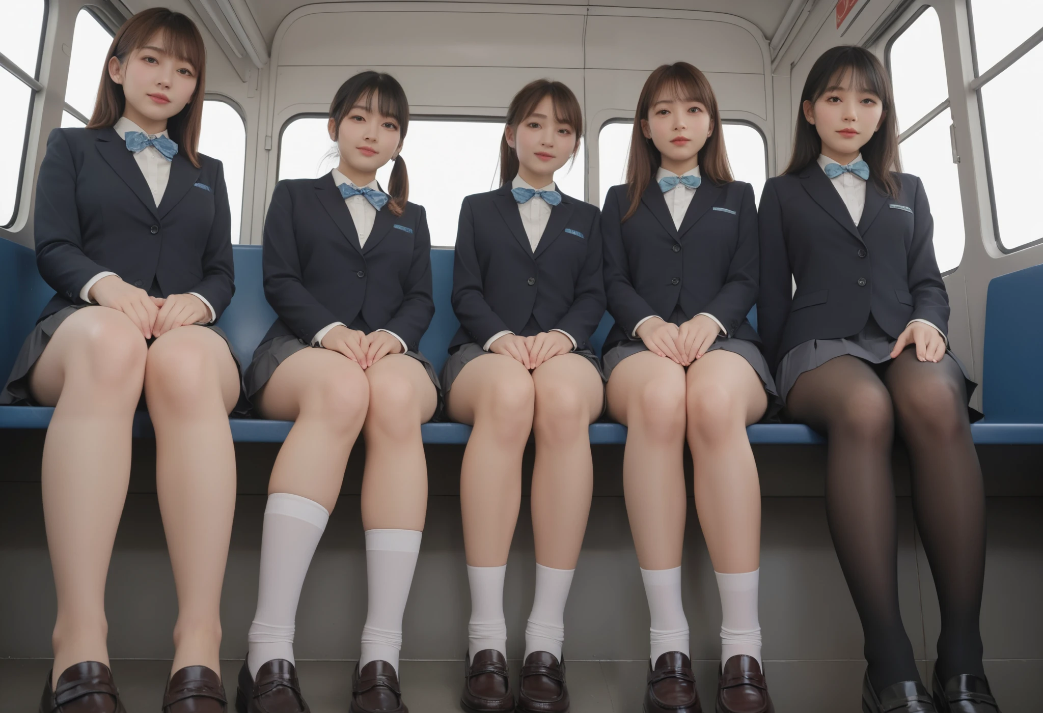 ((head out of frame)), Japanese high school girl, 3 girls, black blazer, white blouse, a ribbon, too short pleated skirt, white sox, loafers, brown hair, middle breast, sitting on train seat, wide hip, thick thigh, focused on (little visible panties:0.35), (from below:1.0), (from front:1.2), by fisheye,