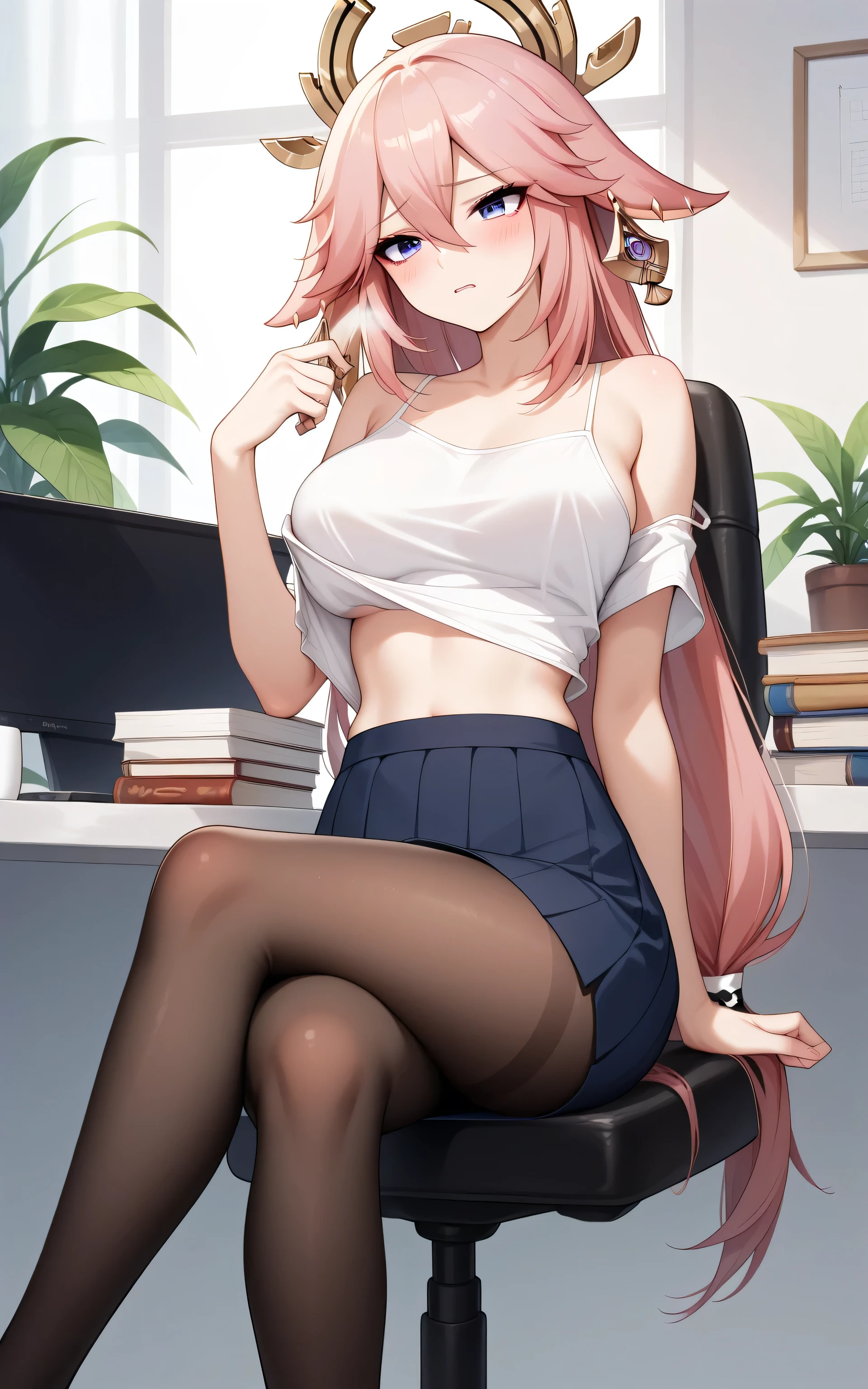 upper body, Yae miko, anime style, Random Sexy pose , ((Ultra detailing)), (very aesthetic, best quality, ultra detailed), intricate details,
1girl, Long hair, blue eyes, sharp jawline, long hair, shy, Blush ,(wearing breast, (Spaghetti shirt, crop top overhang, Skirt, Pantyhose), (Crossed legs, Orgasm face,), sit down on office chair, (office room, plant, coffee, books, table, chair)