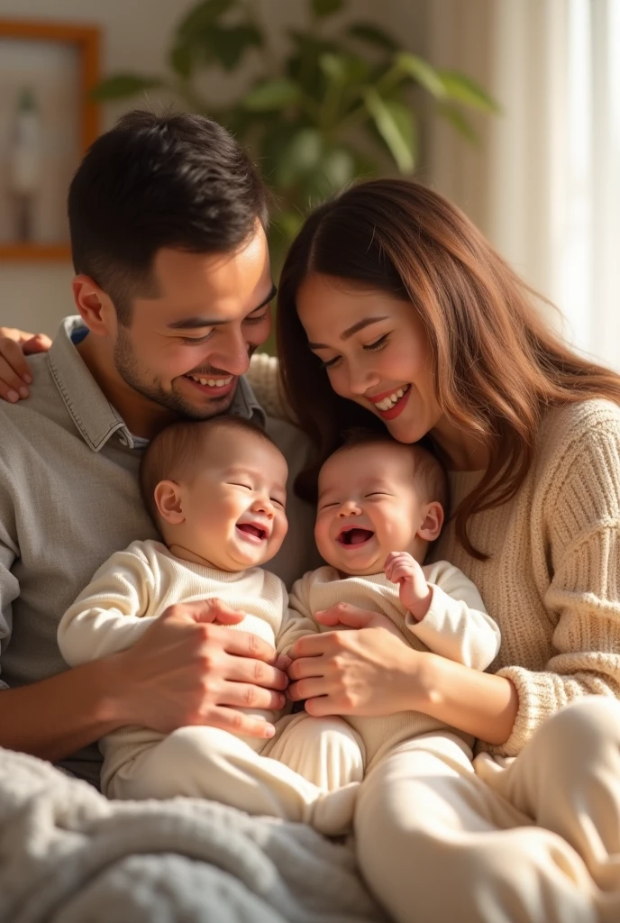 Family of four. 6 months old baby girl.  baby boy. Husband and wife. Realistic. Light 