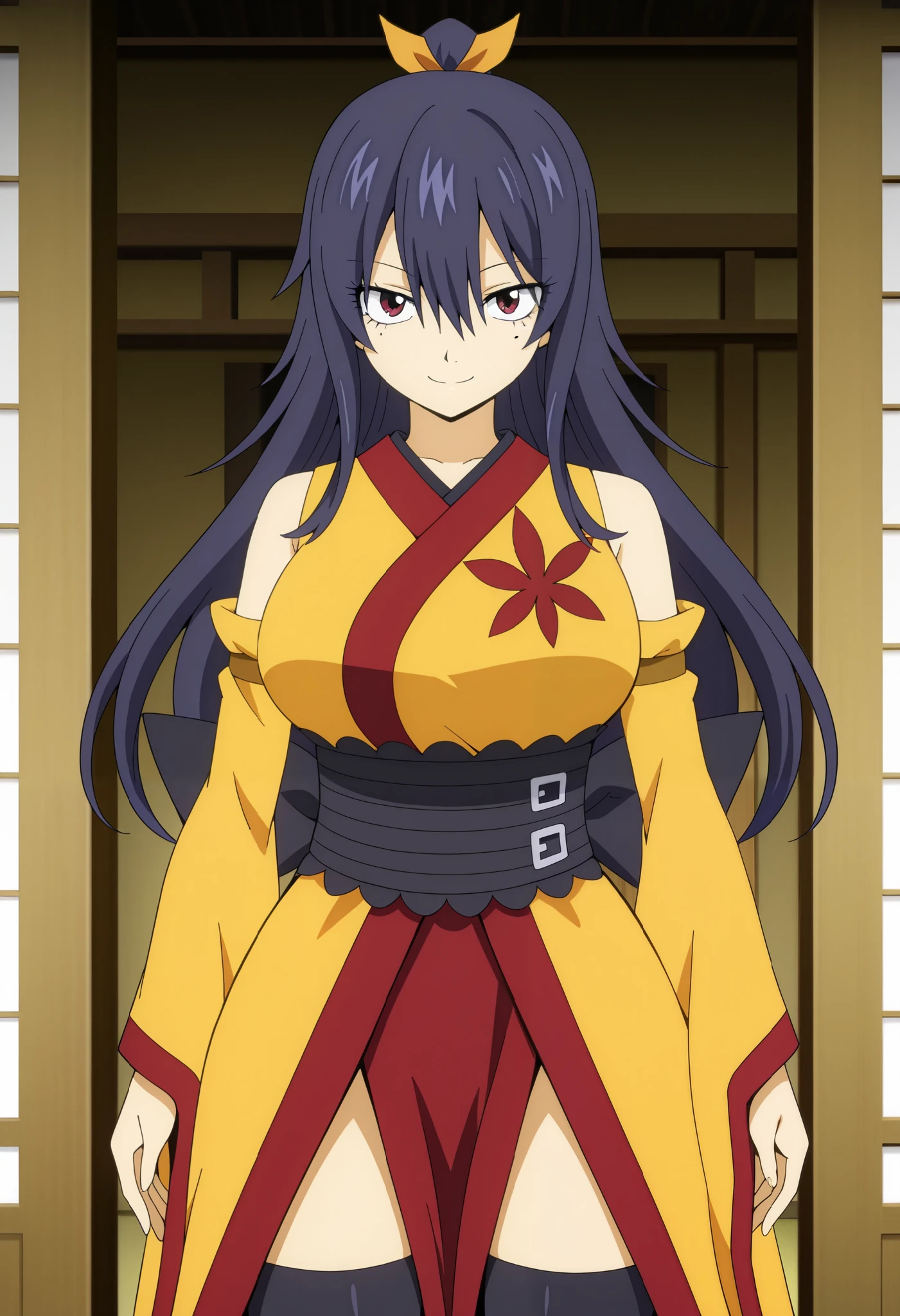 anime, hotsu, a woman, dark brown eyes, long navy blue hair, a beauty mark under left eye, high ponytail with a yellow ribbon, a sleeveless yellow-colored kimono with red-colored flower-like designs, loose sleeves around her forearms, a fitted leotard under kimono, knee-length black stockings with sandals, 8k, Unreal Engine 5, octane render, by kyun, gamang, Yoon Gon-Ji, g.ho, gosonjak, shuroop, serious, domi, noah, trending on pixiv, fanbox, skeb, masterpiece, smooth soft skin, big dreamy eyes, beautiful intricate colored hair, symmetrical, anime wide eyes, soft lighting, concept art, digital painting, <lora:hotsu:0.55>