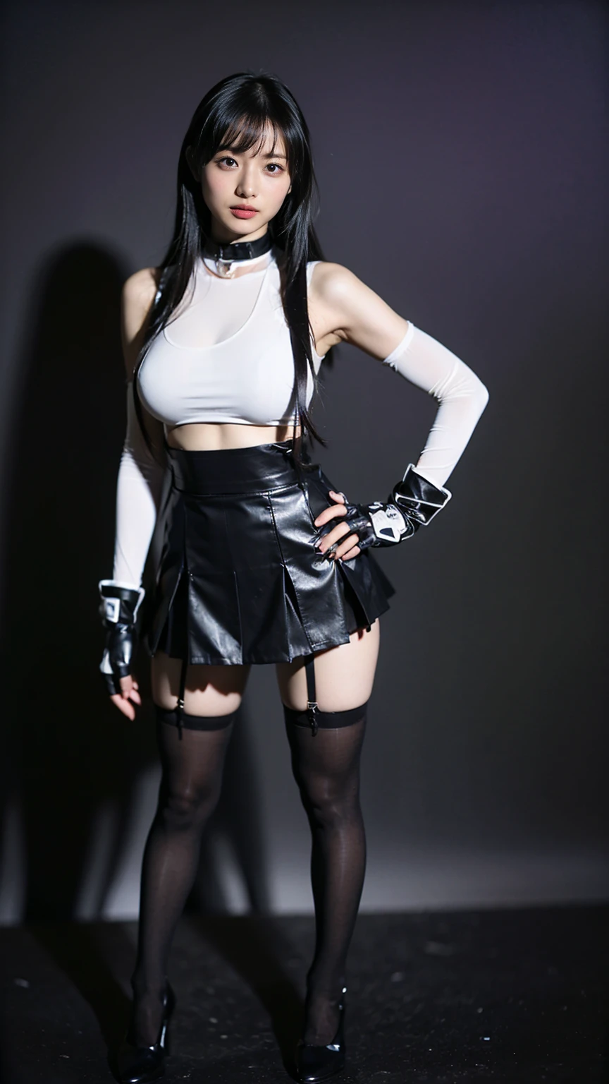 (8k、RAW Photos、Highest quality、masterpiece:1.2)、(Realistic、Realistic)、1 person、((black and white、Cleavage、tights、Gloves、Garter Ring、mini skirt、Thin legs、whole body、boots、View from the front、Looking into the camera、Black Room、Stand with hands on hips))、cute