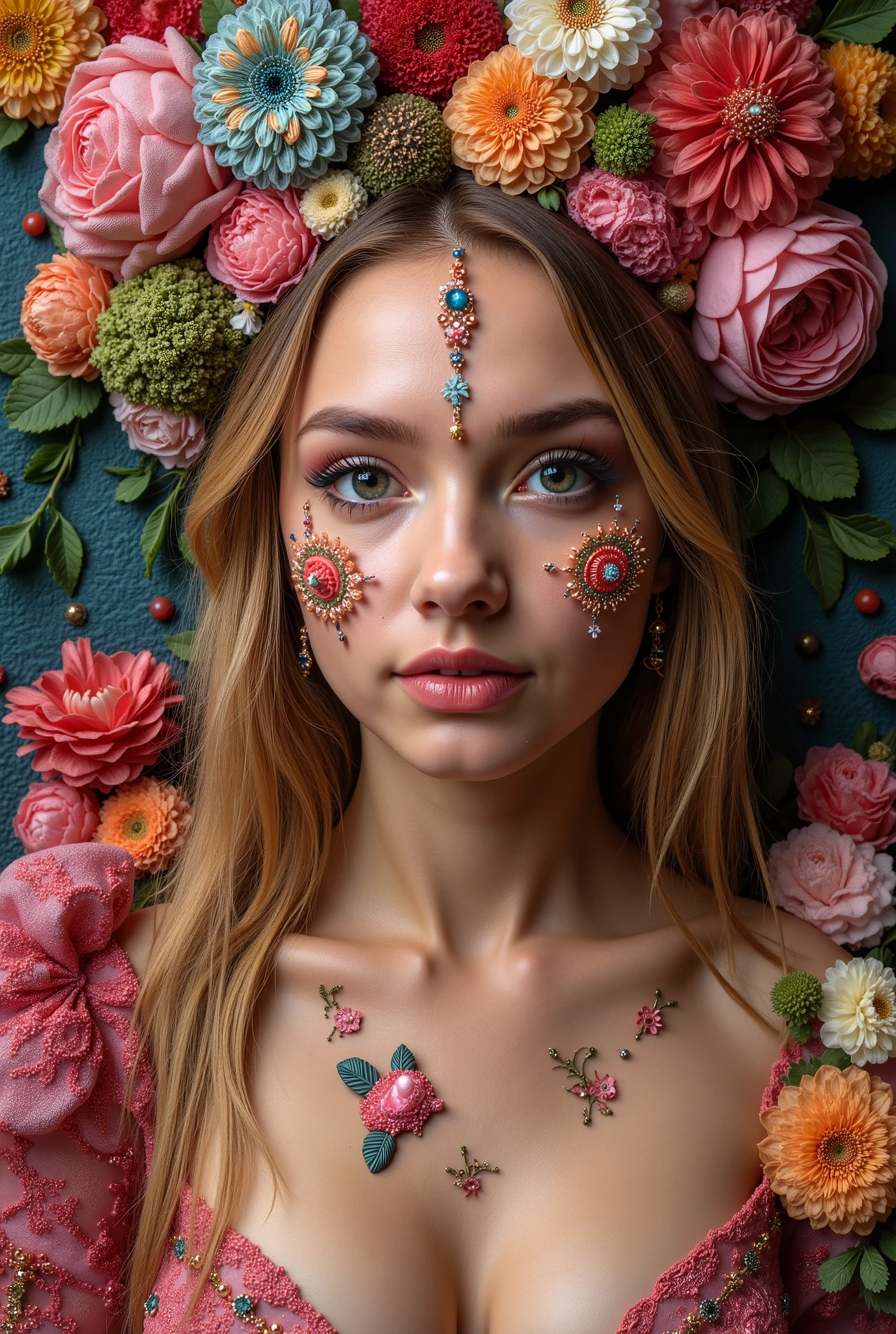 (( fractal art )),(( artwork , better quality, extremely detailed , super high definition , detailed background)),((( abstract background))),( 1 girl),(( nude)),flowers,( shiny skin),((many colors)),(toys),feathers