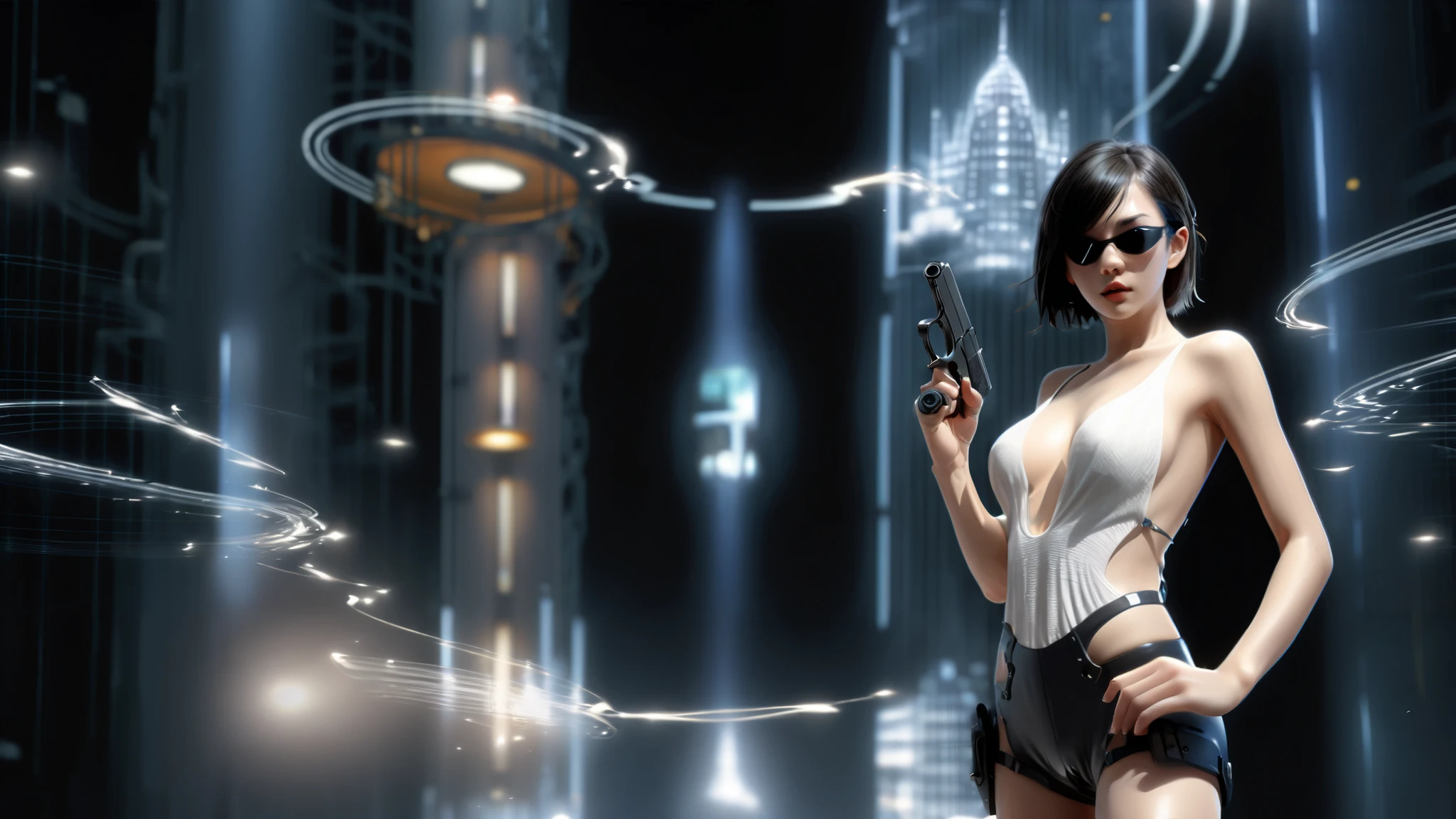 (aerial view). at night, futuristic sci-fi cyberpunk city, broad viaduct, skyscrapers at the end of the viaduct, the movie "13th Floor" style, hq. Matrix style, at night, (1girl, solo), photo realistic, (large-breast:1.2 slim body, cleavage:1.3), (((tube top, extreamly short pleated (((miniskirt))) exposing panty))), (((((matrix style black sunglasses))))), (((((aiming at camera with a (pistol)))))), (((half-body (thigh level) medium shot))), (cinematic lighting).