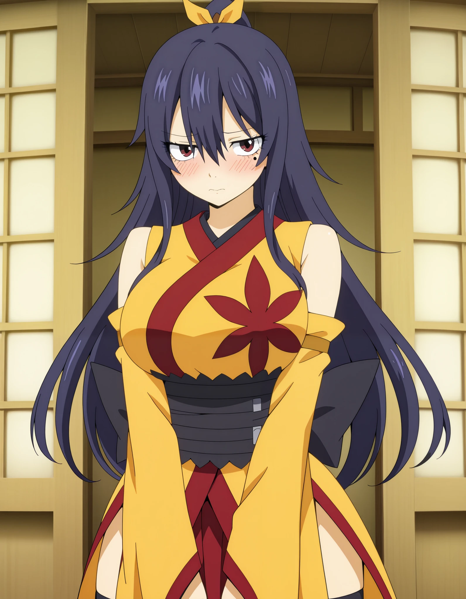 anime, smile, hotsu, a woman, dark brown eyes, long navy blue hair, a beauty mark under left eye, high ponytail with a yellow ribbon, a sleeveless yellow-colored kimono with red-colored flower-like designs, loose sleeves around her forearms, a fitted leotard under kimono, knee-length black stockings with sandals, 8k, Unreal Engine 5, octane render, by kyun, gamang, Yoon Gon-Ji, g.ho, gosonjak, shuroop, serious, domi, noah, trending on pixiv, fanbox, skeb, masterpiece, smooth soft skin, big dreamy eyes, beautiful intricate colored hair, symmetrical, anime wide eyes, soft lighting, concept art, digital painting,  <lora:hotsu:0.55>