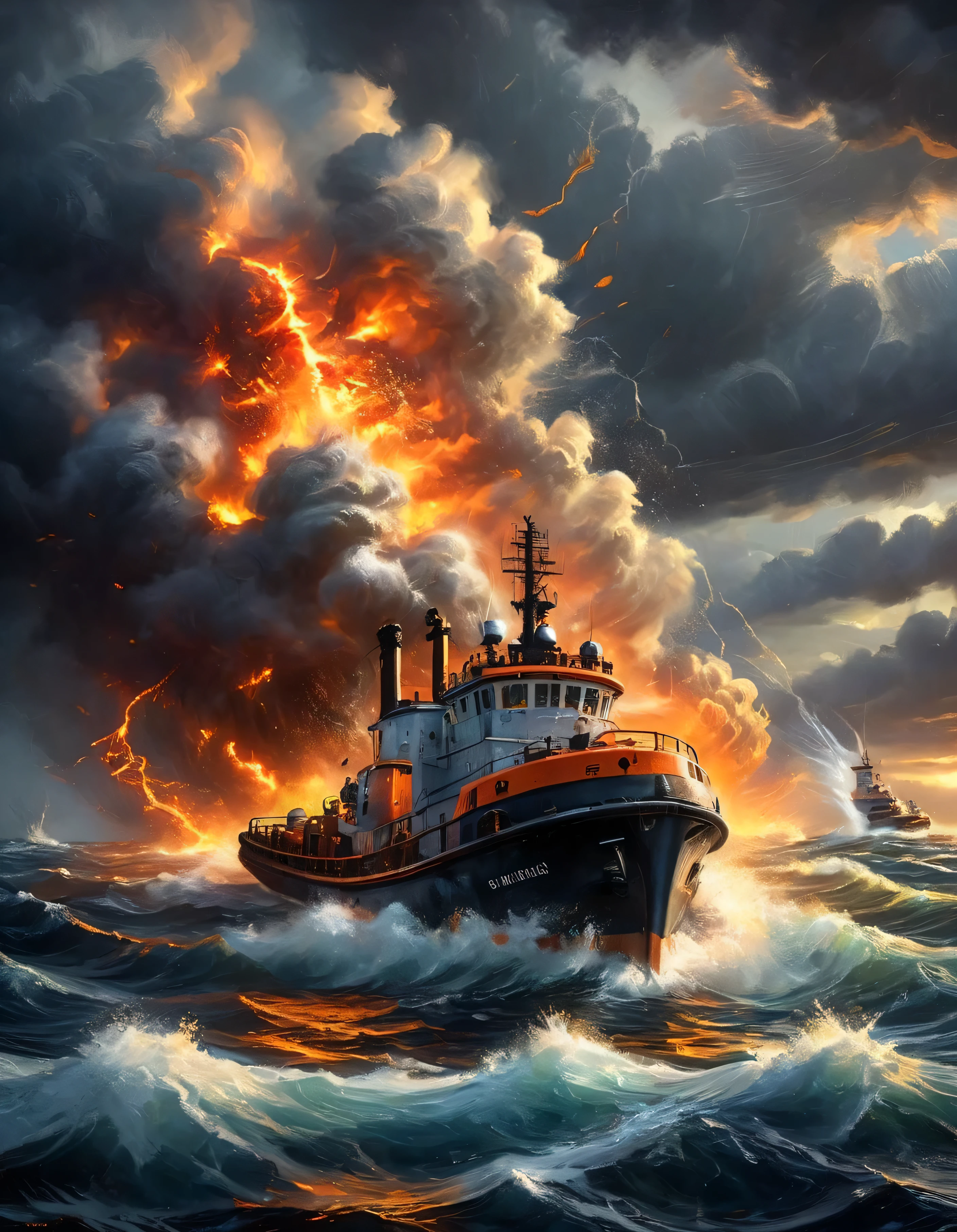"A fiery explosion on a rescue tugboat, battling through massive stormy waves, with turbulent ocean waters crashing against the hull. Bright orange flames explode behind the ship as it cuts through the intense waves, surrounded by dark storm clouds and a dramatic sky. High-action scene with dynamic lighting and deep shadows." 4k image quality.
