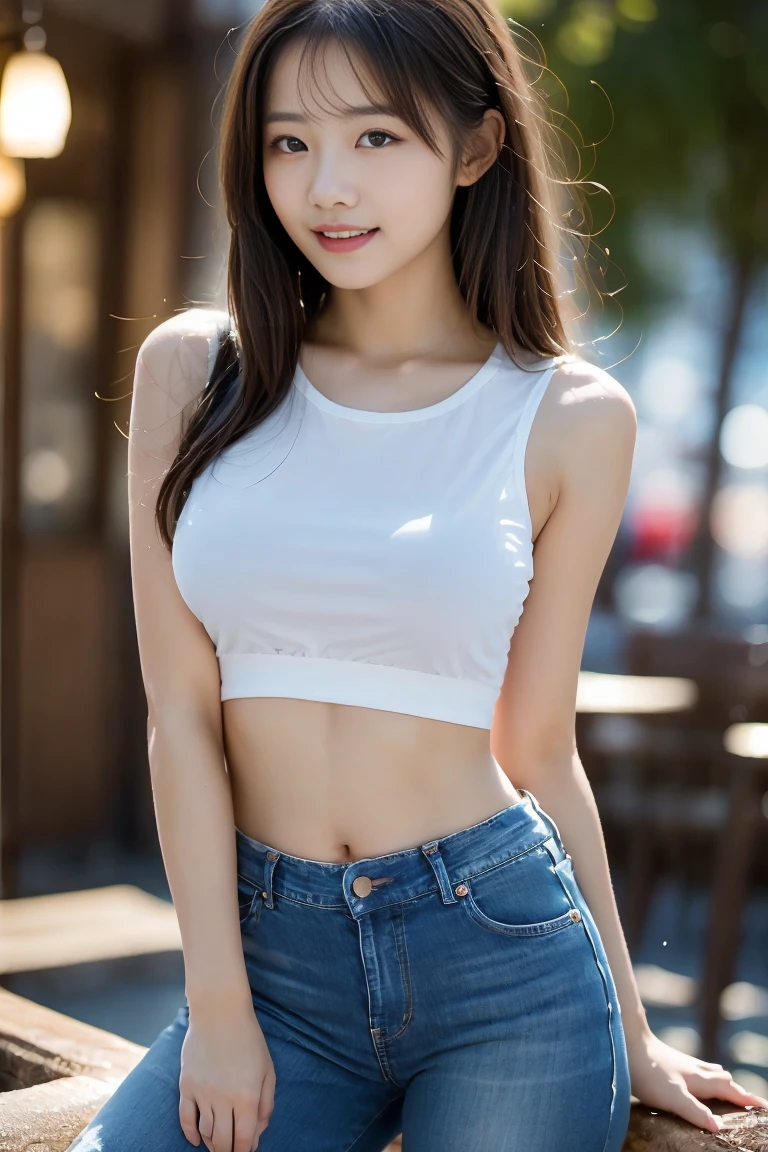 realistic photos of (1 cute Korean star) medium hair, thin makeup, 32 inch breasts size, slightly smile, wearing tie waist crop top, and jeans, in front of the convenience store, close-up, lens flare, bokeh, cinematic lighting, UHD, high details, 16k