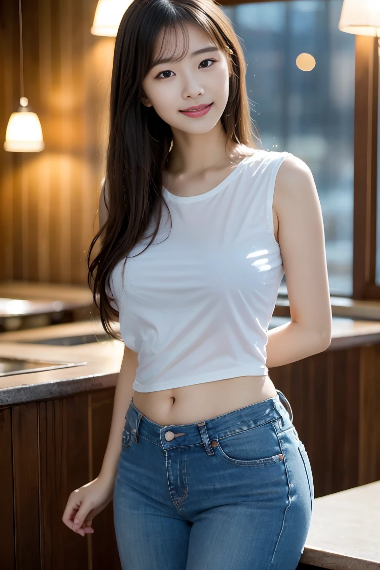 a pretty indonesian girl, perfect body, natural breasts, casual white tight shirt with o-neck short-sleeve and jeans short shorts, high heels, at coffee shop, standing, front view, realistic, photo realistic, at office room