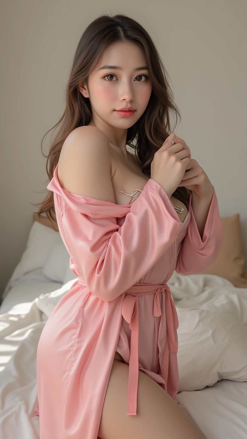 Lady clad in a pink silk loungewear, with hair twisted into a bun at the back of her head with a few loose strends draping on her face, with a tinge of a blush on her milky white skin,