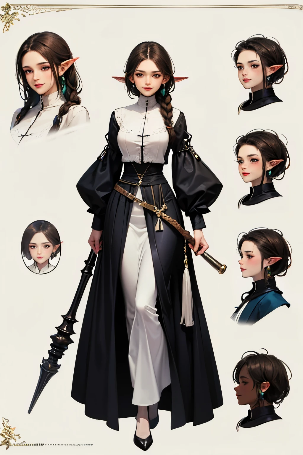 Three unique fantasy themed female portrait full-body artwork, detailed intricate, modest clothes, ager, demure smile, in her 20s, fantasy themed nun outfit, elf ears, dark brown skinned, one braid style hair, mace weapon made of crystals, full body character design sheet, dark skin, long skirt