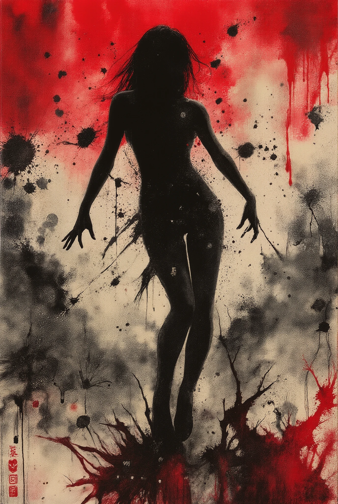 The figure stands, but not in the way it should—twisted, contorted, caught in the violent arc of a movement frozen mid-frame, a motion that never completes. The limbs stretch beyond their natural range, ink bleeding past the outlines, smearing like wet charcoal, as if the body itself is rejecting the constraints of anatomy. The pose suggests dance, but the joints protest, angles unnatural, gravity ignored.
Gouache explosions of crimson burst from the soles of her feet, spreading outward in jagged splinters, fracturing the ground beneath. The floor is a vortex of spiraling crosshatch, lines drawn by a trembling hand, leading nowhere, leading everywhere. Depth bends, warps, consuming itself. The vanishing point flickers, flickers, flickers, rewriting the laws of space with every shift in perspective.
The backdrop is a grotesque tapestry of oil-painted anguish, a Renaissance-style fresco stretched too thin over a surface that isn't solid. Brushstrokes too thick, faces hidden within the streaks of an unfinished background, watching from the folds of shadow, layered over and over, still wet, still moving. Stippling noise fills the negative space, a static hum creeping into the edges of perception, an artificial grain overlaid onto the nightmare.
Acrylic splashes in unnatural arcs behind her, midair, suspended, refusing to fall. The air shatters like glass around her outstretched fingertips, fragmenting into jagged cel-shaded shards, luminescent and wrong. The highlights do not follow a logical light source; instead, they flicker between dimensions, glitching, shifting, clashing against the inked edges of her body.
Her head tilts, too far, the motion captured like a smudged gesture sketch, the lines blurred, unstable, as if her entire existence is unraveling mid-movement. The face is an afterthought, unfinished, features fighting for dominance between layers of impasto chaos.
Behind her, the sky is layered in digital brushstrokes—saturated, vibrating, a deep carmine