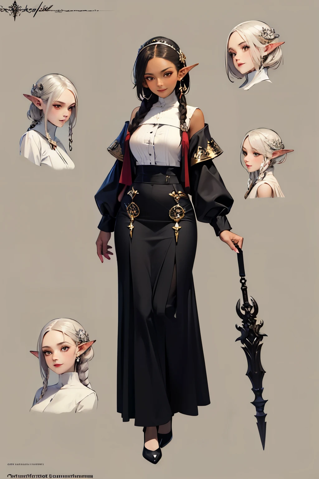 Three unique fantasy themed female portrait full-body artwork, detailed intricate, modest clothes, ager, demure smile, in her 20s, fantasy themed nun outfit, elf ears, dark brown skinned, one braid style hair, mace weapon made of crystals, full body character design sheet, dark skin, long skirt