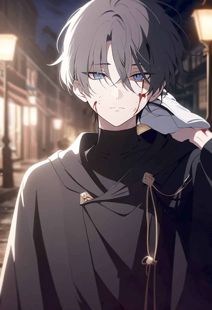 masterpiece,best quality,depth of field,8K,looking at the viewer,dark gray hair,blue eyes,man,close,Street lamp,Black robe,expressionless,male,(charismatic eyes 1;1),wseifuku,chic,blood on cheek,hooded
