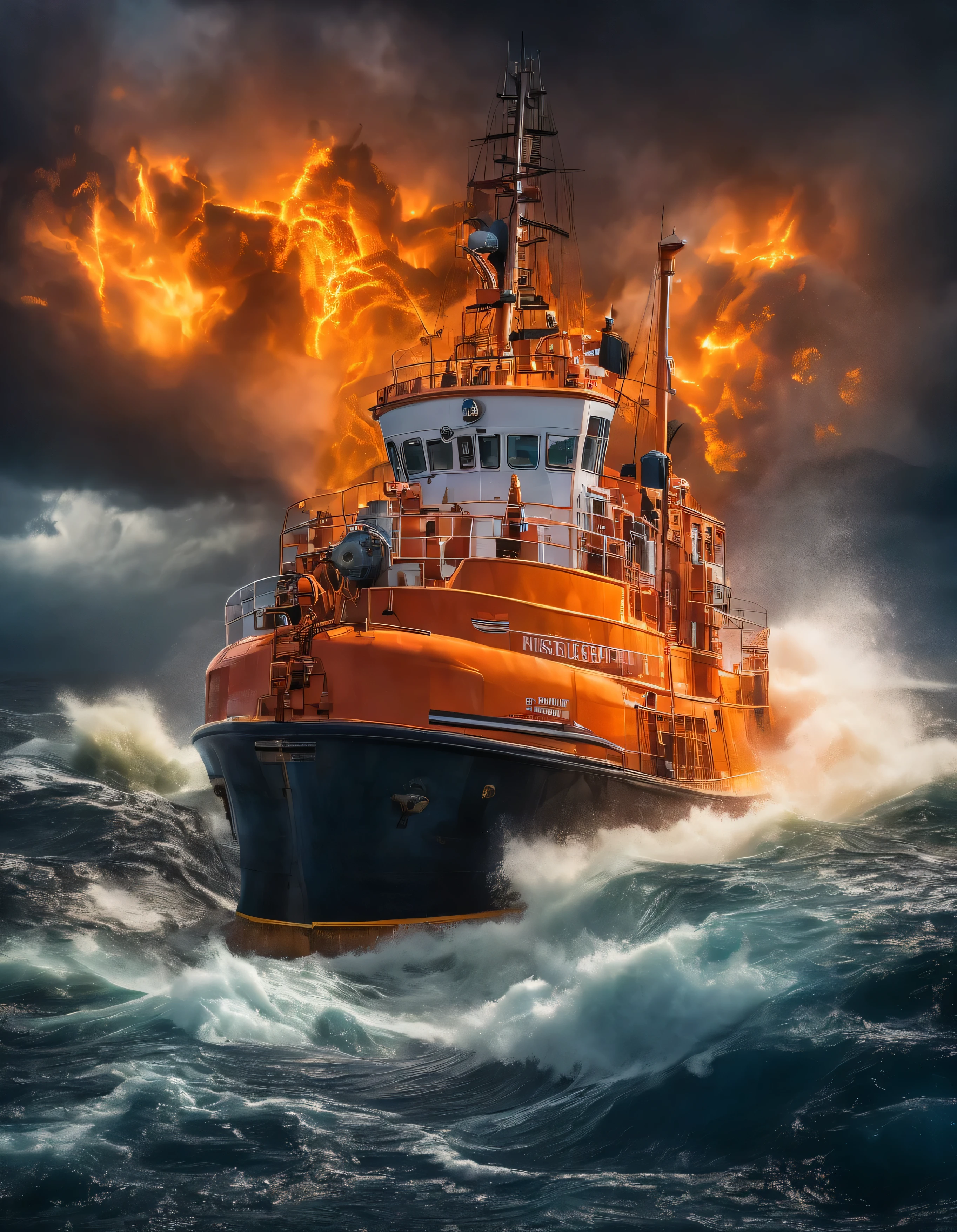 "A fiery explosion on a rescue tugboat, battling through massive stormy waves, with turbulent ocean waters crashing against the hull. Bright orange flames explode behind the ship as it cuts through the intense waves, surrounded by dark storm clouds and a dramatic sky. High-action scene with dynamic lighting and deep shadows."