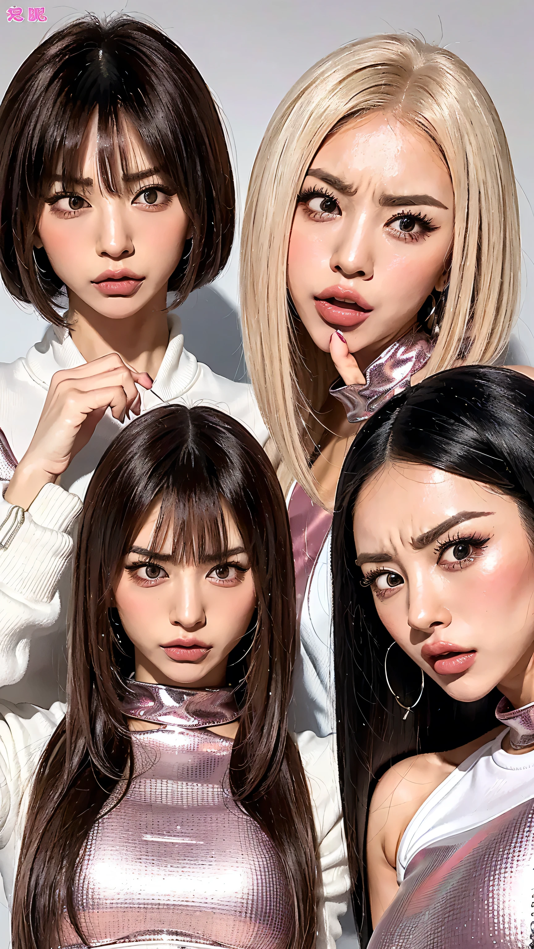  4 angry women have angry eyebrows  、She meets our eyes、Open your mouth to show your teeth and get angry   、   waist wig models posing with angry faces  、   Two beautiful women with their hands on their hips are watching us         、   、      They are wearing white and pink shiny line racer costumes      .   .                  The background is simple                  ,           Full Body Closeup           