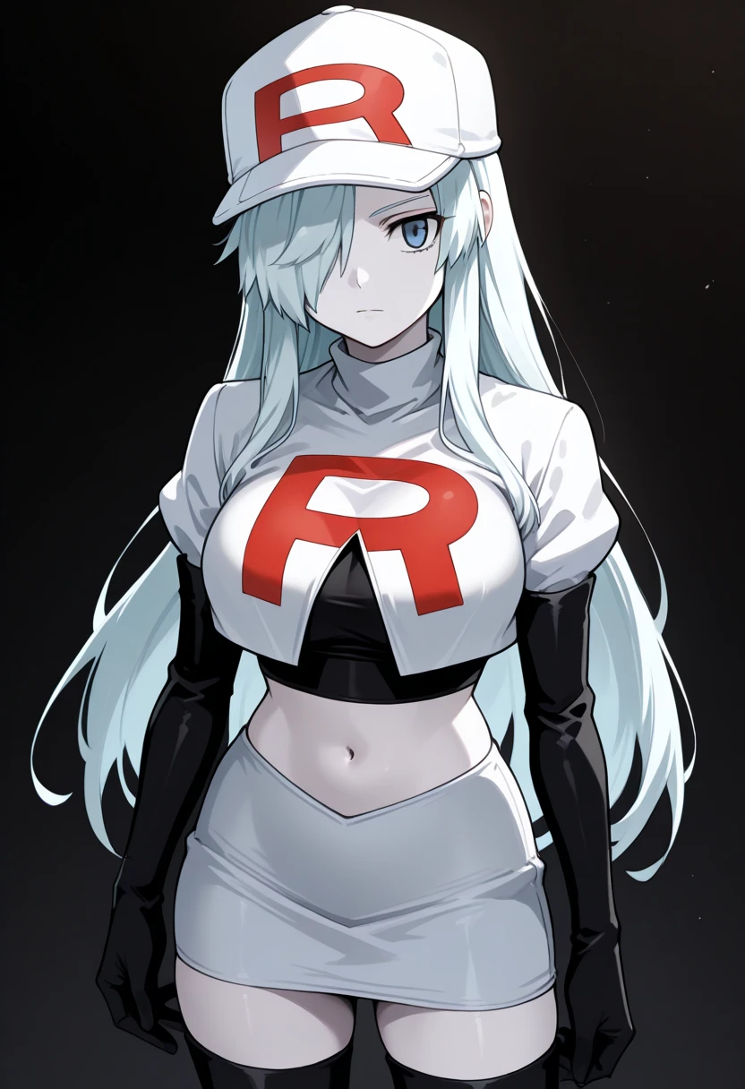 pokemonmelony, pokemonmelony, blue eyes, eyelashes, long hair, multicolored hair, streaked hair, grey hair, (large breasts:1.2),
BREAK earrings, hat, jewelry, white headwear, team rocket,team rocket uniform, red letter R, white skirt,white crop top,black thigh-highs,black elbow gloves
BREAK looking at viewer, (cowboy shot:1.5),
BREAK (masterpiece:1.2), best quality, high resolution, unity 8k wallpaper, (illustration:0.8), (beautiful detailed eyes:1.6), extremely detailed face, perfect lighting, extremely detailed CG, (perfect hands, perfect ???????),