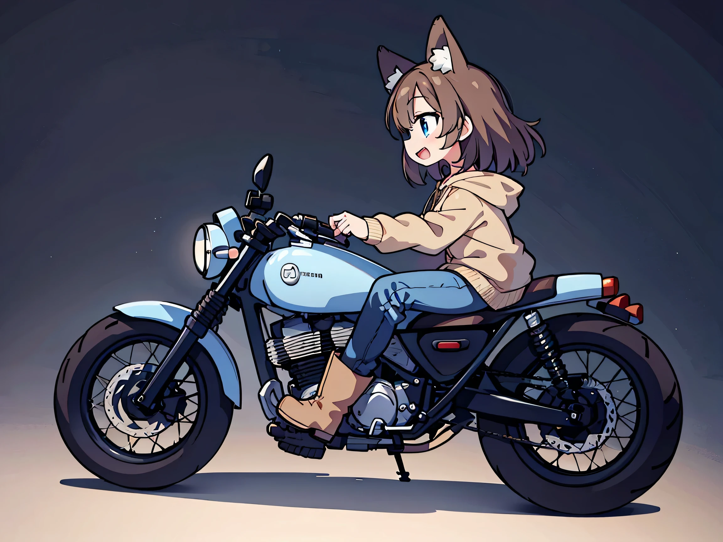 anime style 、 fox ears、 brown hair、 woman、 blue eyes 、 double teeth、 beige hoodie 、 jeans、 boots、I'm riding a dark blue motorcycle、 profile