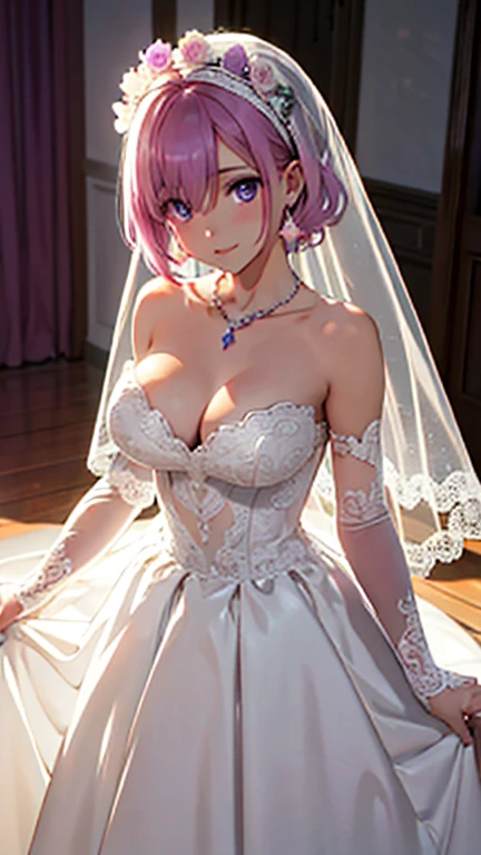 ultra-detailed、(8k, RAW photo, best quality, masterpiece:1.2), (extremely detailed 8k wallpaper),professional lighting,sharp focus, depth of field、nfws,(((face close up))),((((美しいflower嫁)))),((Pink fluffy short bob、rainbow colored curl hair、curly hair))、(((full white wedding dress,lace veil、lace shawl、tiara、necklace,knee high socks))),((ring on left ring finger)),((The crotch is hidden)),((((cowgirl position)))),((Sweat)),((blush)),(((very embarrassed、close your eyes and yawn、open your mouth wide and scream))),(((A lot of milk under her crotch))),(((Steam from the mouth))),flower、((luxury bed)),(((night)))、(((Hiding the crotch with a skirt))),(Correct number of upper limbs、Correct number of lower limbs、Correct number of fingers、Correct number of toes)、((Up and down motion effect))