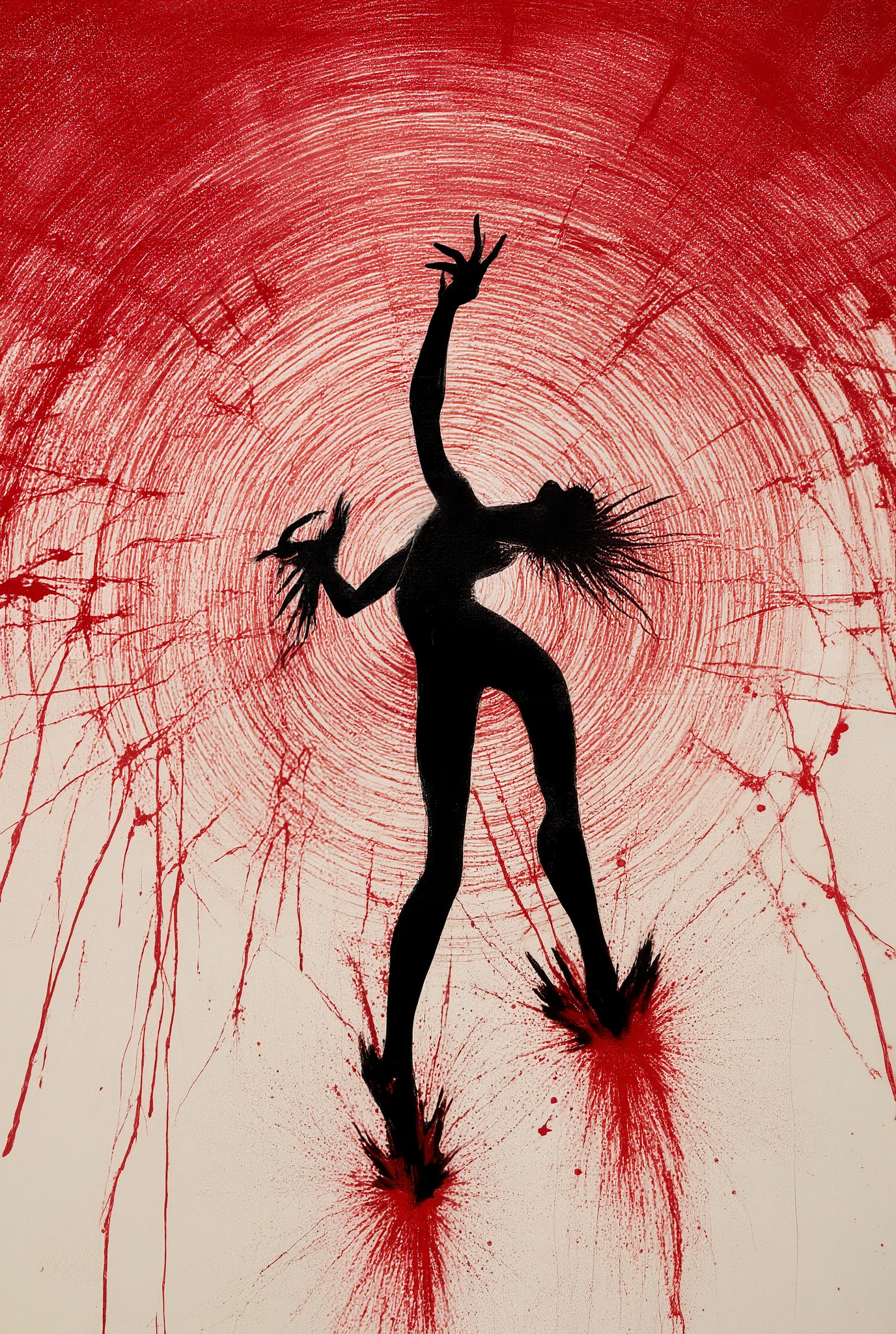 The figure stands, but not in the way it should—twisted, contorted, caught in the violent arc of a movement frozen mid-frame, a motion that never completes. The limbs stretch beyond their natural range, ink bleeding past the outlines, smearing like wet charcoal, as if the body itself is rejecting the constraints of anatomy. The pose suggests dance, but the joints protest, angles unnatural, gravity ignored.

Gouache explosions of crimson burst from the soles of her feet, spreading outward in jagged splinters, fracturing the ground beneath. The floor is a vortex of spiraling crosshatch, lines drawn by a trembling hand, leading nowhere, leading everywhere. Depth bends, warps, consuming itself. The vanishing point flickers, flickers, flickers, rewriting the laws of space with every shift in perspective.

The backdrop is a grotesque tapestry of oil-painted anguish, a Renaissance-style fresco stretched too thin over a surface that isn't solid. Brushstrokes too thick, faces hidden within the streaks of an unfinished background, watching from the folds of shadow, layered over and over, still wet, still moving. Stippling noise fills the negative space, a static hum creeping into the edges of perception, an artificial grain overlaid onto the nightmare.

Acrylic splashes in unnatural arcs behind her, midair, suspended, refusing to fall. The air shatters like glass around her outstretched fingertips, fragmenting into jagged cel-shaded shards, luminescent and wrong. The highlights do not follow a logical light source; instead, they flicker between dimensions, glitching, shifting, clashing against the inked edges of her body.

Her head tilts, too far, the motion captured like a smudged gesture sketch, the lines blurred, unstable, as if her entire existence is unraveling mid-movement. The face is an afterthought, unfinished, features fighting for dominance between layers of impasto chaos.

Behind her, the sky is layered in digital brushstrokes—saturated, vibrating, a deep carmine 