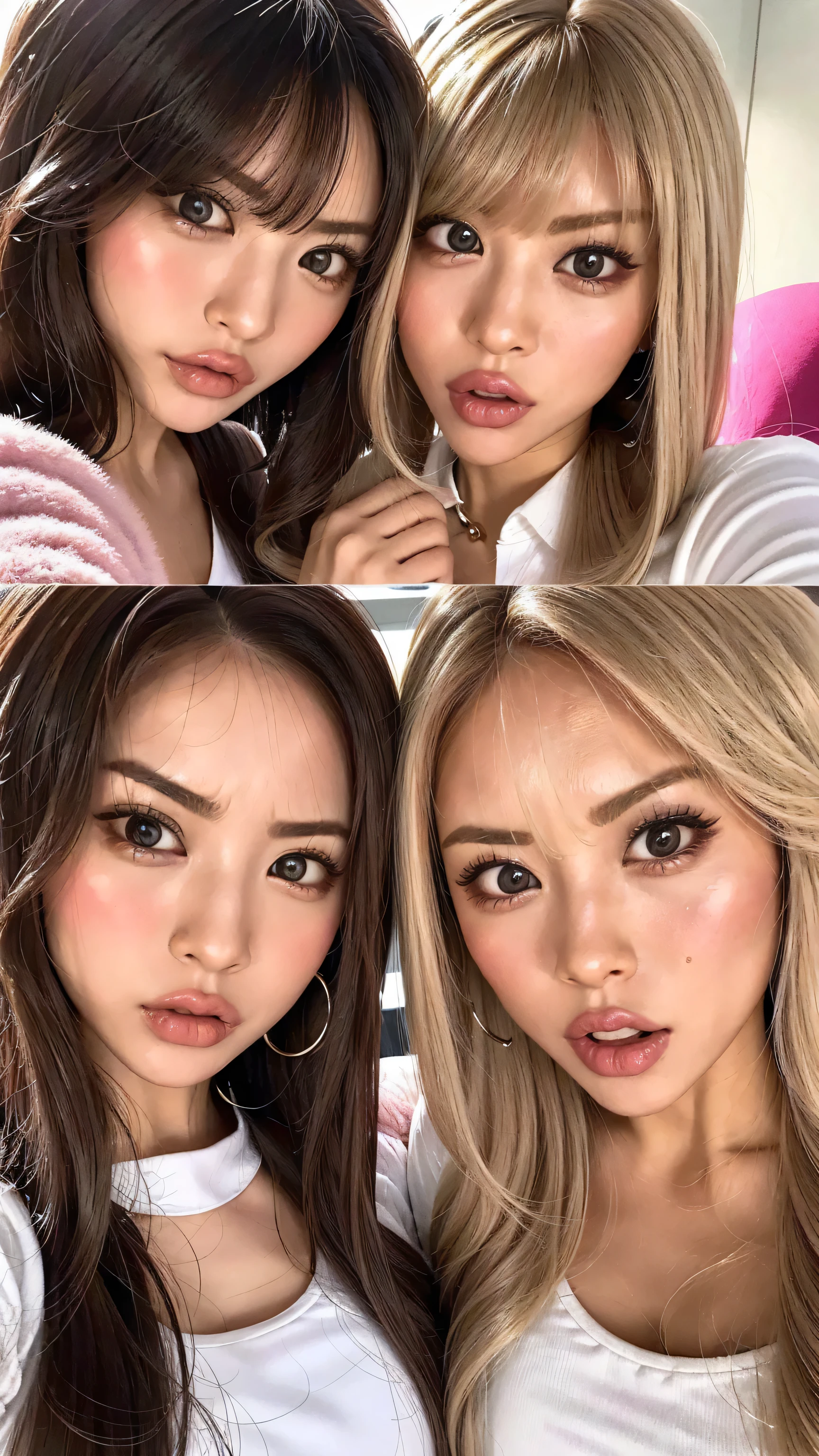   face close-up、My eyes meet 。4 angry women have angry eyebrows  、She meets our eyes、Open your mouth to show your teeth and get angry   、   waist wig models posing with angry faces  、   Two beautiful women with their hands on their hips are watching us         、   、      They are wearing white and pink shiny line racer costumes      .   .                  The background is simple                  ,           Full Body Closeup           