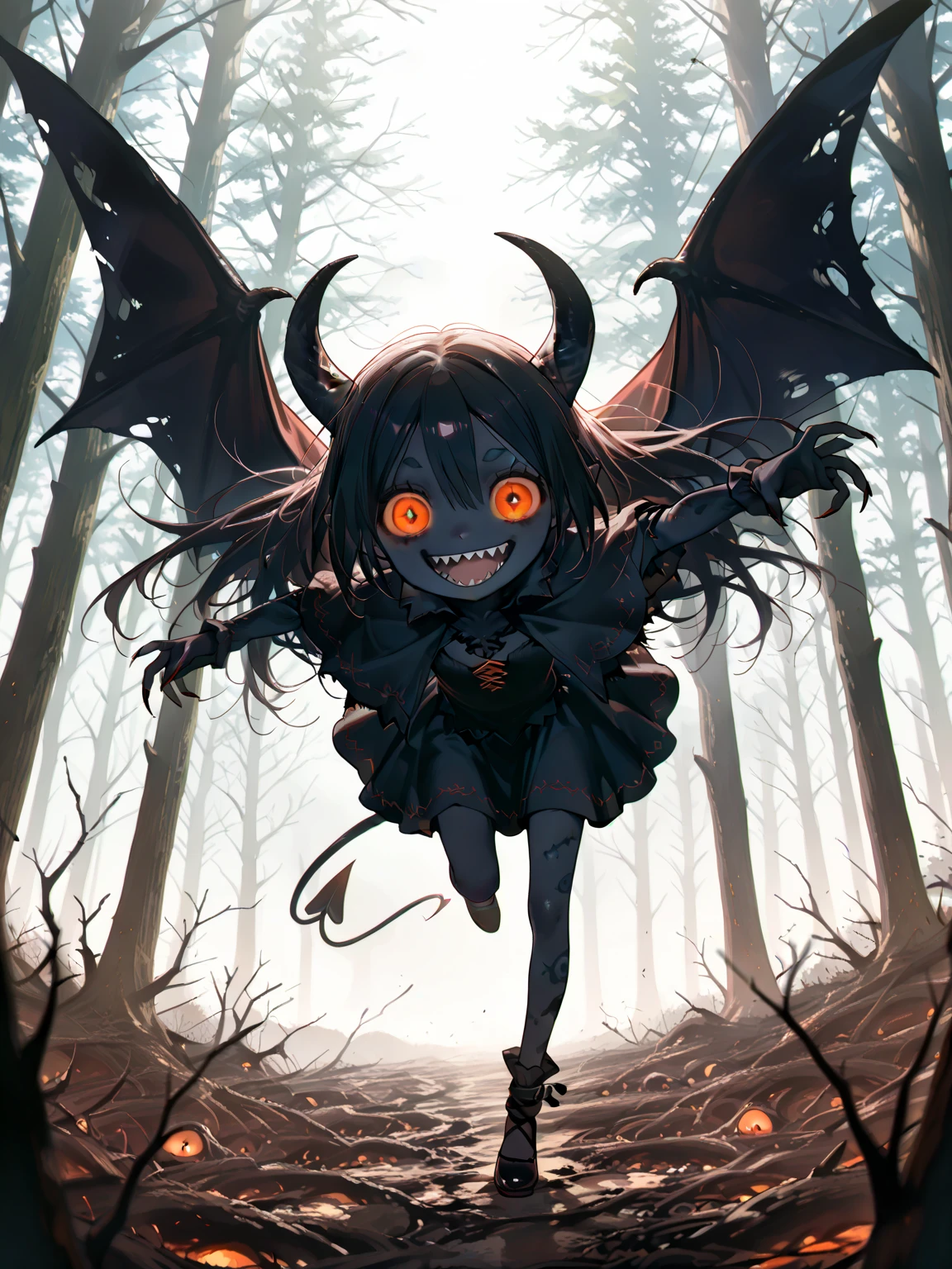  cute horror fantasy, disney-style horror effects,picture-book style,(solo:1.3), 1girl\((chibi:0.5),(devil),monster, evil, open mouth,(pure black skin:1.2),sharp teeth,cute,kawaii,big eyes,evil smile,(long nail),orange eyes,orange sclera, detailed pupils,wearing capelet\(very big,(very long),Tattered,(traditional_patterned:1.2),very detailed face,\), backlit,flying,(dynamic action)\). BREAK .background\(detailed dead trees, in the forest,shadowed ruined old house, dark horror mood\),(dynamic angle:1.2). BREAK .masterpiece, high score, great score, very aesthetic, high resolution, ultra-detailed, absurdres, newest, scenery, depth of field,3d,beautiful horror landscape,art by Tim Burton