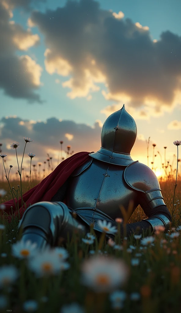 A lone knight in full armor sitting on the grass looking at the sunset 