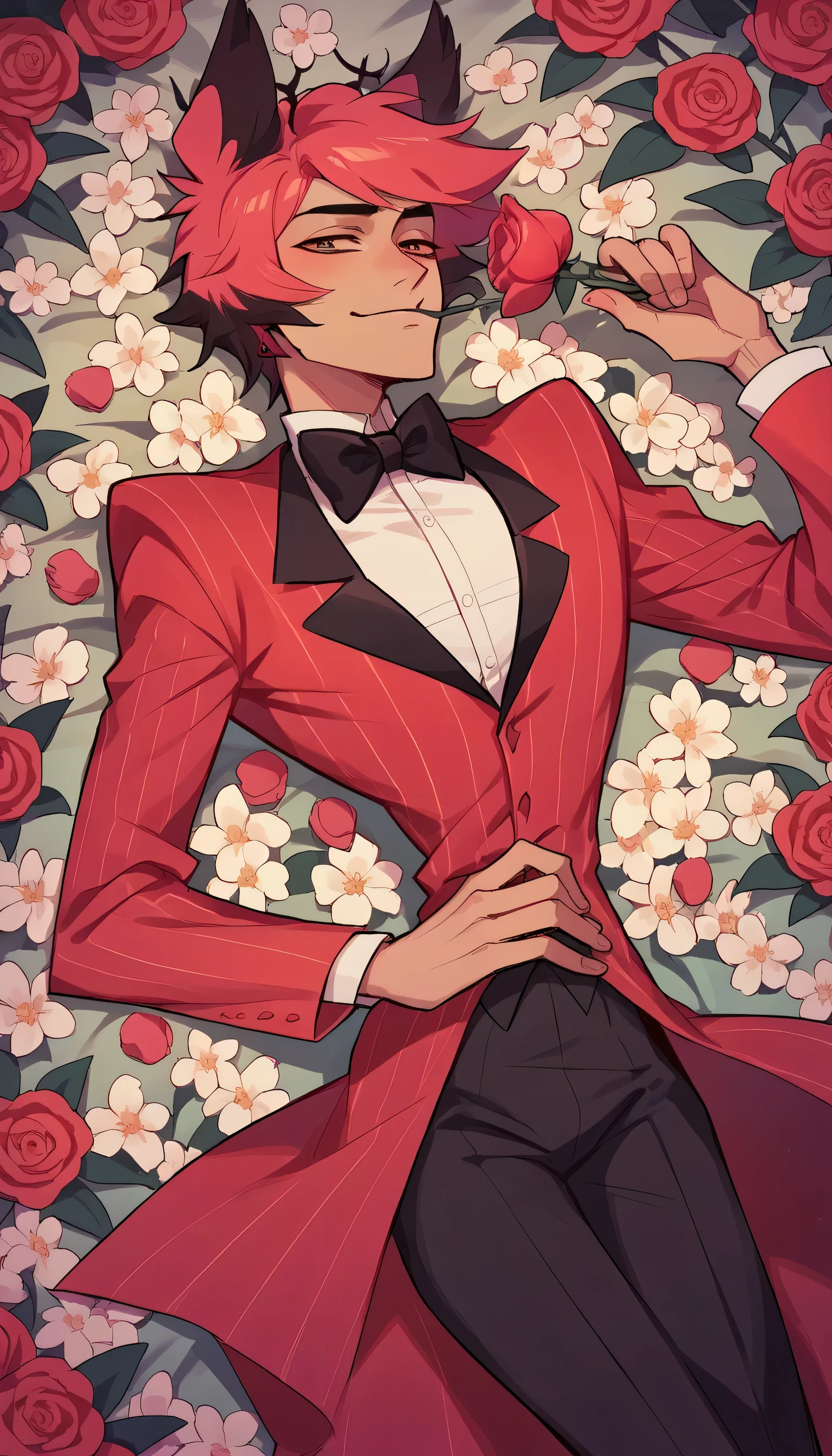 better quality, very detailed illustration , 1 boy, delgado, male body, thin waist , simple drawing, Artifyber style , pastel flat colors , Alastor, animal ears, solo, suit and bowtie, laying in flowers, holding rose