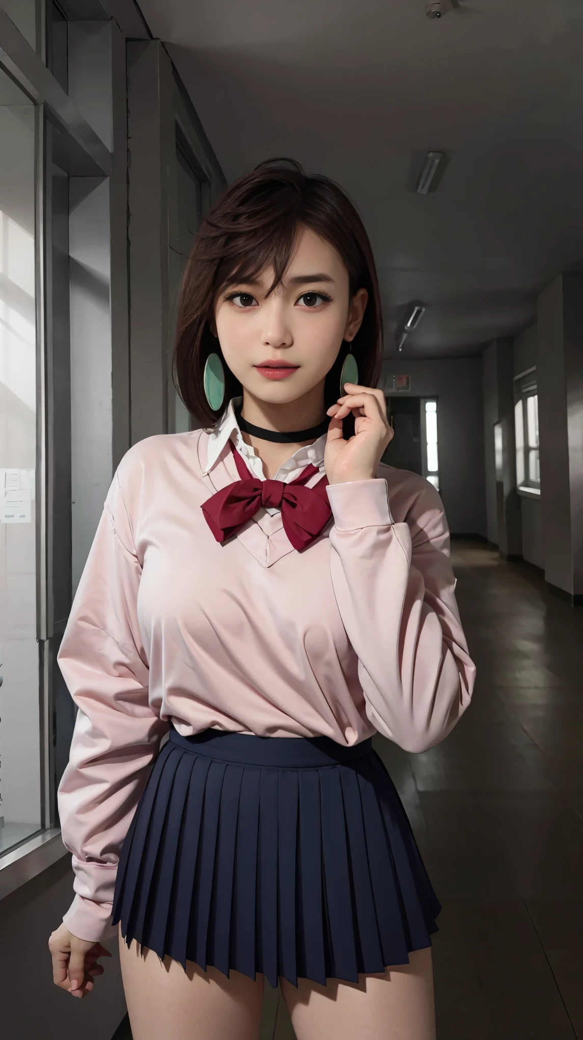 extremely high quality photo, Momo Ayase, sharp focus, realistic, source_photo, proper alignment, young Japanese model, rooms, love hotel, background, glamorous, sexy, seductive, portrait, detailed face, smiling, Shy, ayase_wz, medium hair, brown hair, brown eyes, large breasts, chocker, choker, red bowtie, (pink cardigan:1.2), long cardigan, long sleeves, blue skirt, pleated skirt, school uniform, navy short skirt, earrings, loose socks, white socks