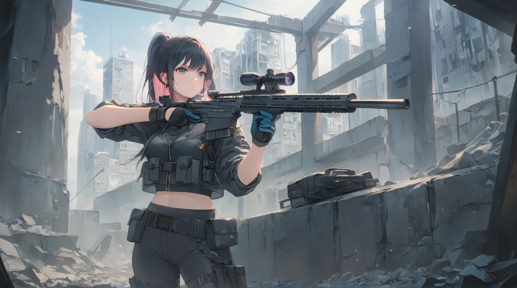 驚くほど精巧でフォトリアリスティックな beautiful , beautiful , Skillfully hidden as a sniper . sitting in a strategic position in the ruins of a skyscraper 、, she looks intently into the scope , a busty woman in a mercenary techwear costume . in an amazingly detailed and photorealistic image of , の beautiful . {x} Her semi-futuristic modern sniper rifle has cutting-edge technology It is equipped with {x} The overall atmosphere of the image、 mercenary techwear combines urban decline with high-tech sophistication , with a touch of Anime-inspired aesthetics., Anime