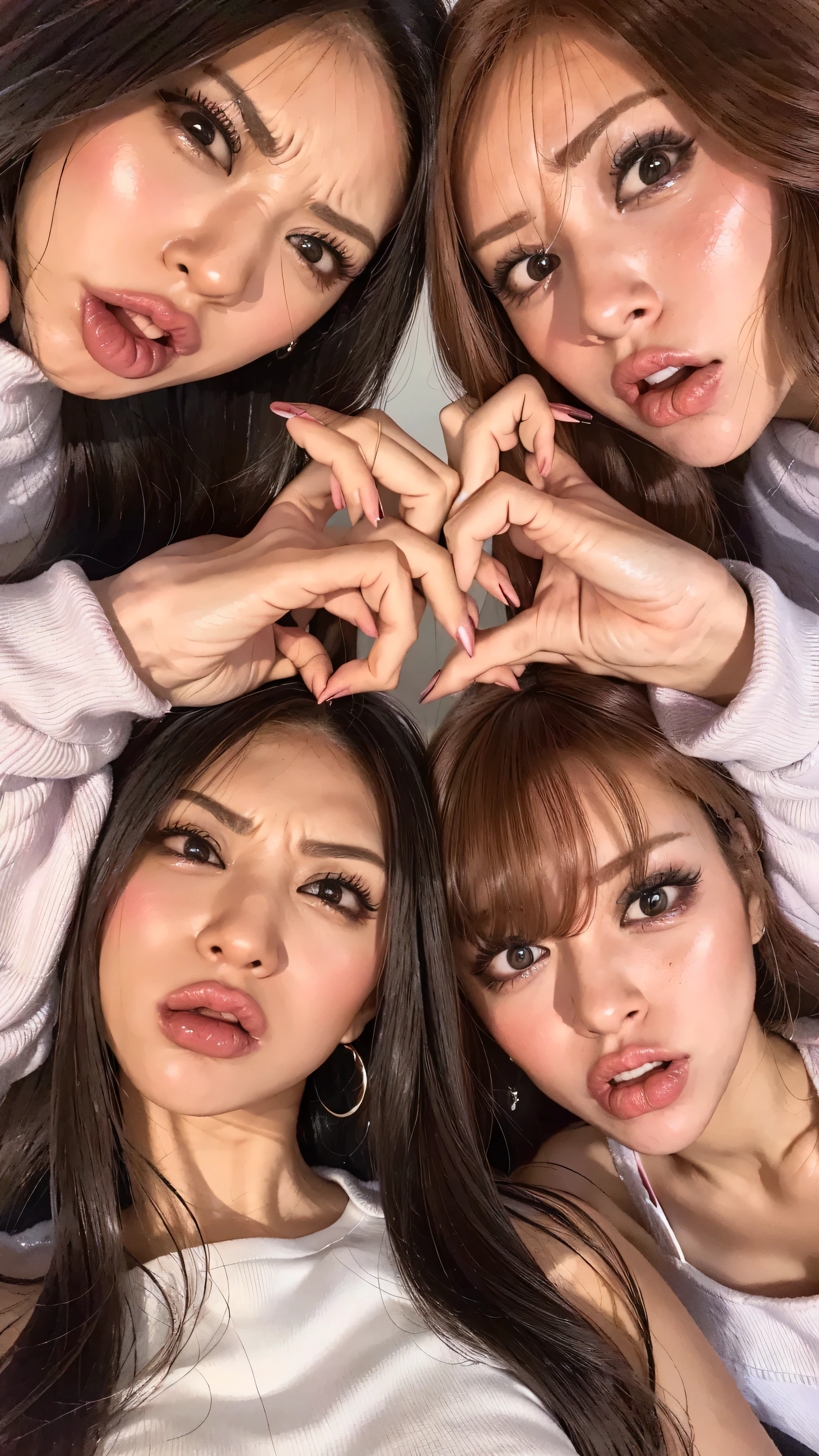 facial zoom angry face、 angry eyebrows 、 eyes match、Open your mouth to show your teeth and get angry 、 waist wig models posing with angry faces 、 Two beautiful women with their hands on their hips are watching us 、 、 They are wearing white and pink shiny line racer costumes . . The background is simple , face close-up