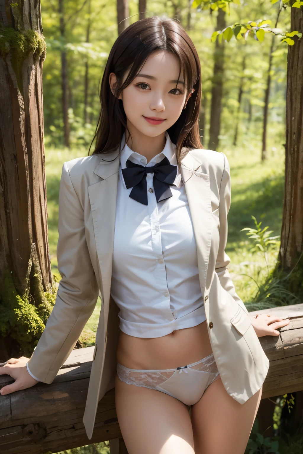 ((Best of the highest quality, 8k, Masterpiece, raw photo: 1.2)), (Sharp focus: 1.2), (1 AESPA, slim body type female, 21 y/o: 1.1), (solo: 1.28), (realistic, photo-realistic:1.37), face focus, cute face, finely eyes, (droopy eyes: 1.32), (Emphasize prominent aegyo-sal with bright: 1.2), shimmering eyeshadow applied under the lower lash line, paired with thick, (small breasts, flat chest, Thigh: 1.3), (short messy hair: 1.28), (school uniform blazer, ribbon, bra, panties: 1.32), walking in rice field, paddy field, flower, (from below: 1.18)