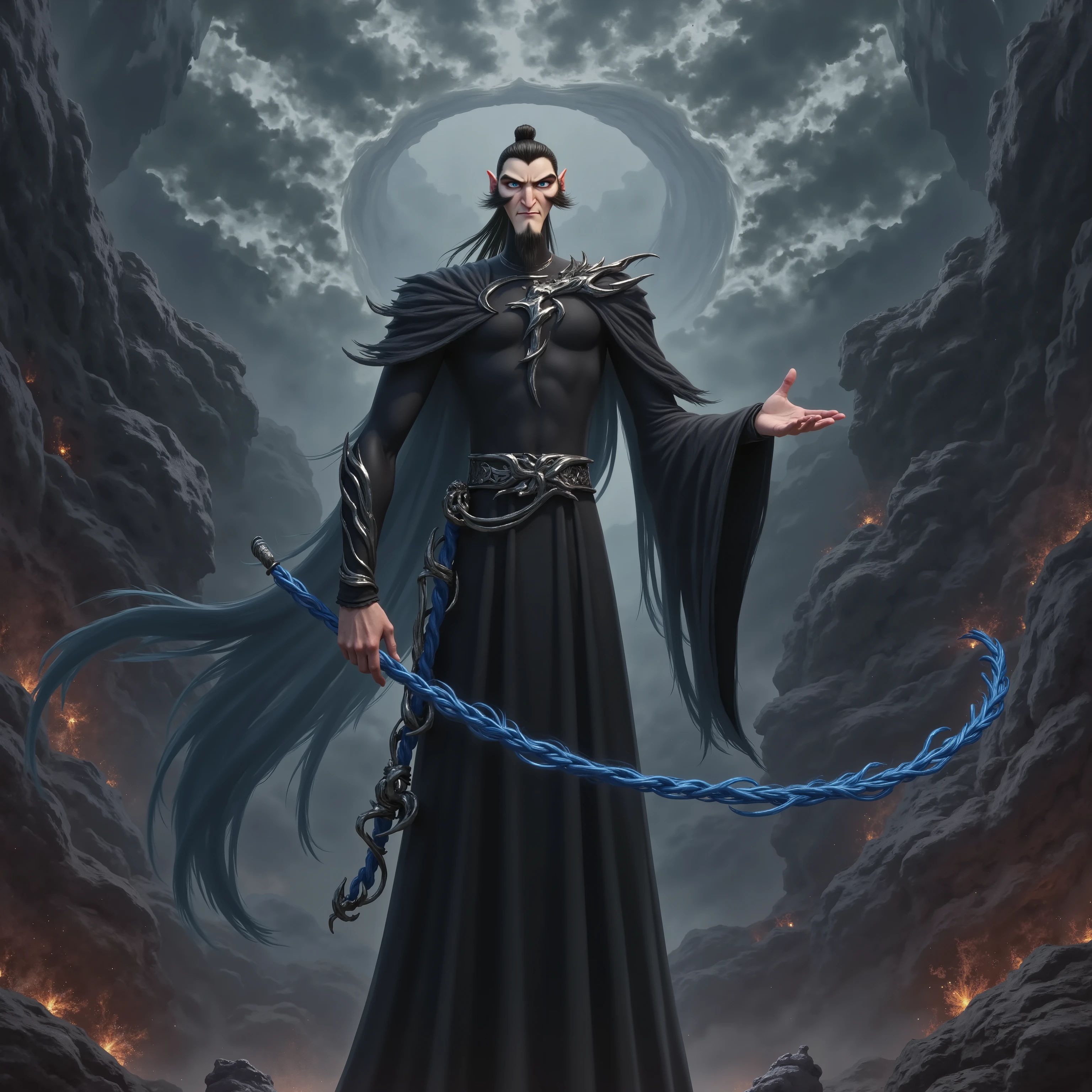 ( masterpiece, top quality:1.2), Game anime characters, alone,beard, Black Robe ,slim。Holding a blue whip in his hand。Kung Fu Action ,flame,cliff,Ominous clouds,Grand scene,Large game scene